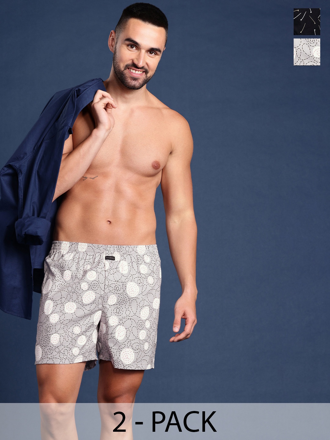 

Mast & Harbour Men Set of 2 Printed Pure Cotton Boxers, Grey