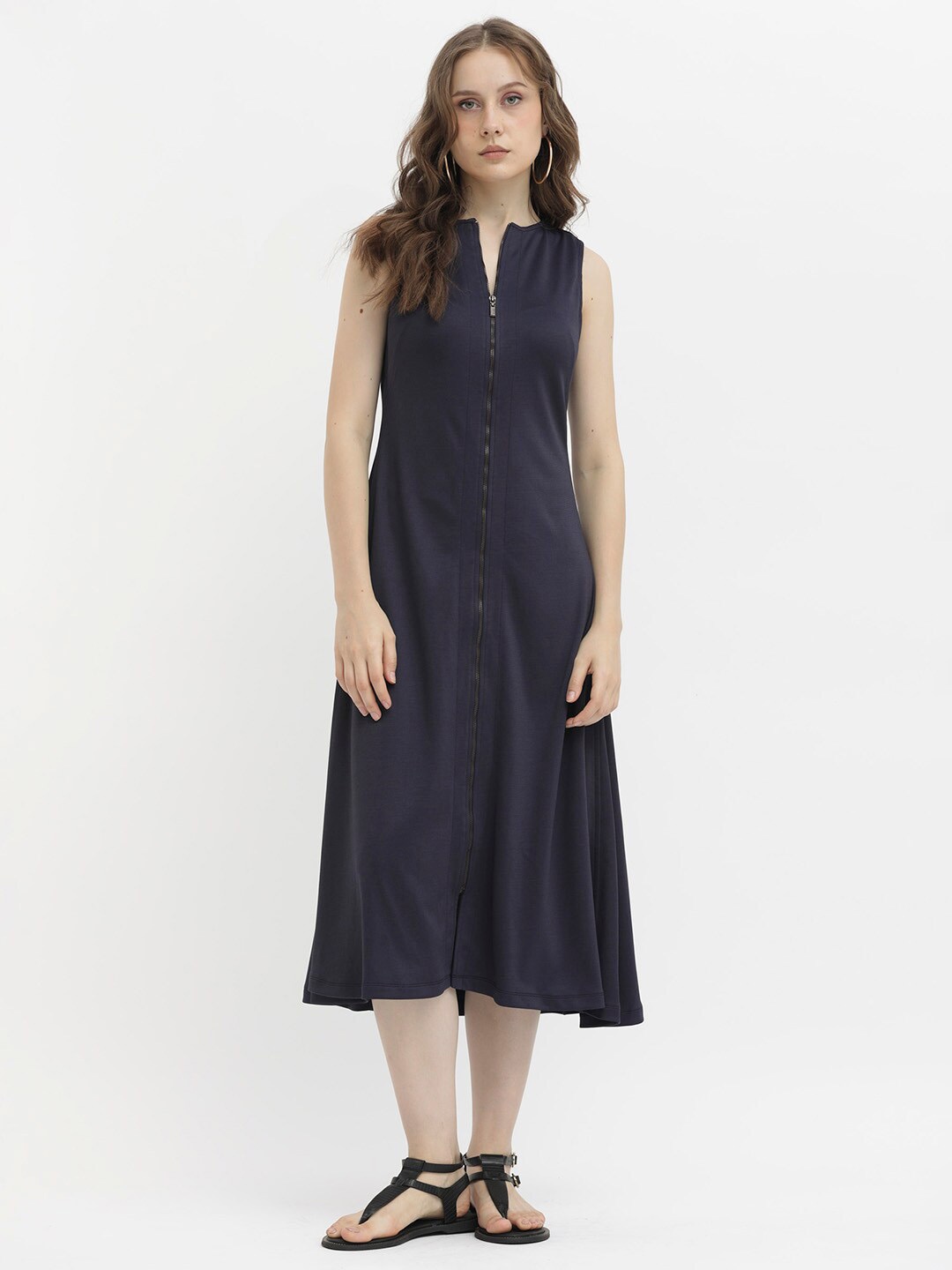 

RAREISM Round Neck A-Line Midi Dress, Blue