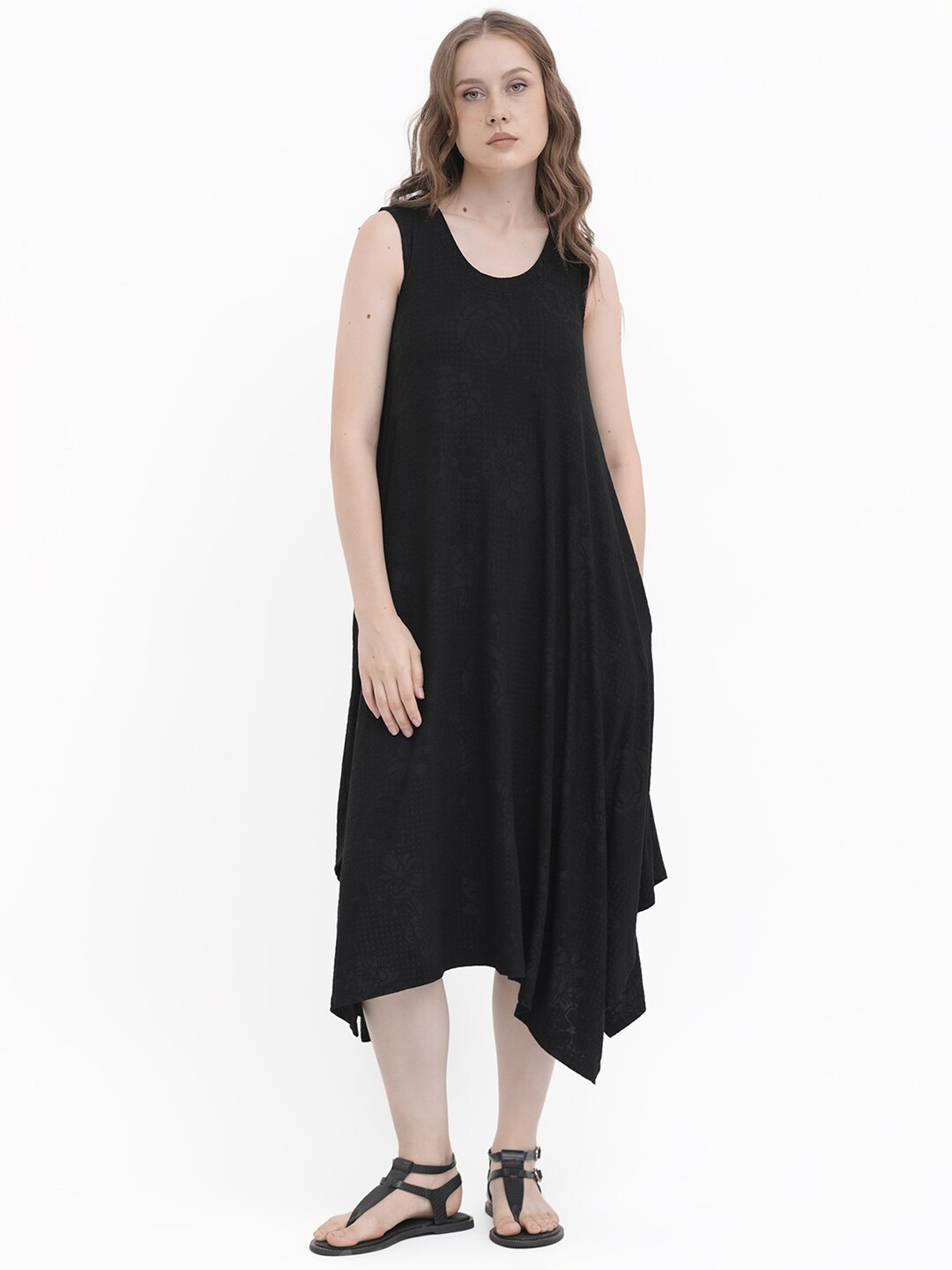 

RAREISM Round Neck A-Line Midi Dress, Black