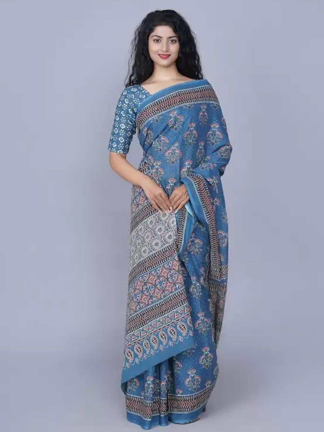 

clothonus Ethnic Motifs Block Printed Pure Cotton Saree, Blue