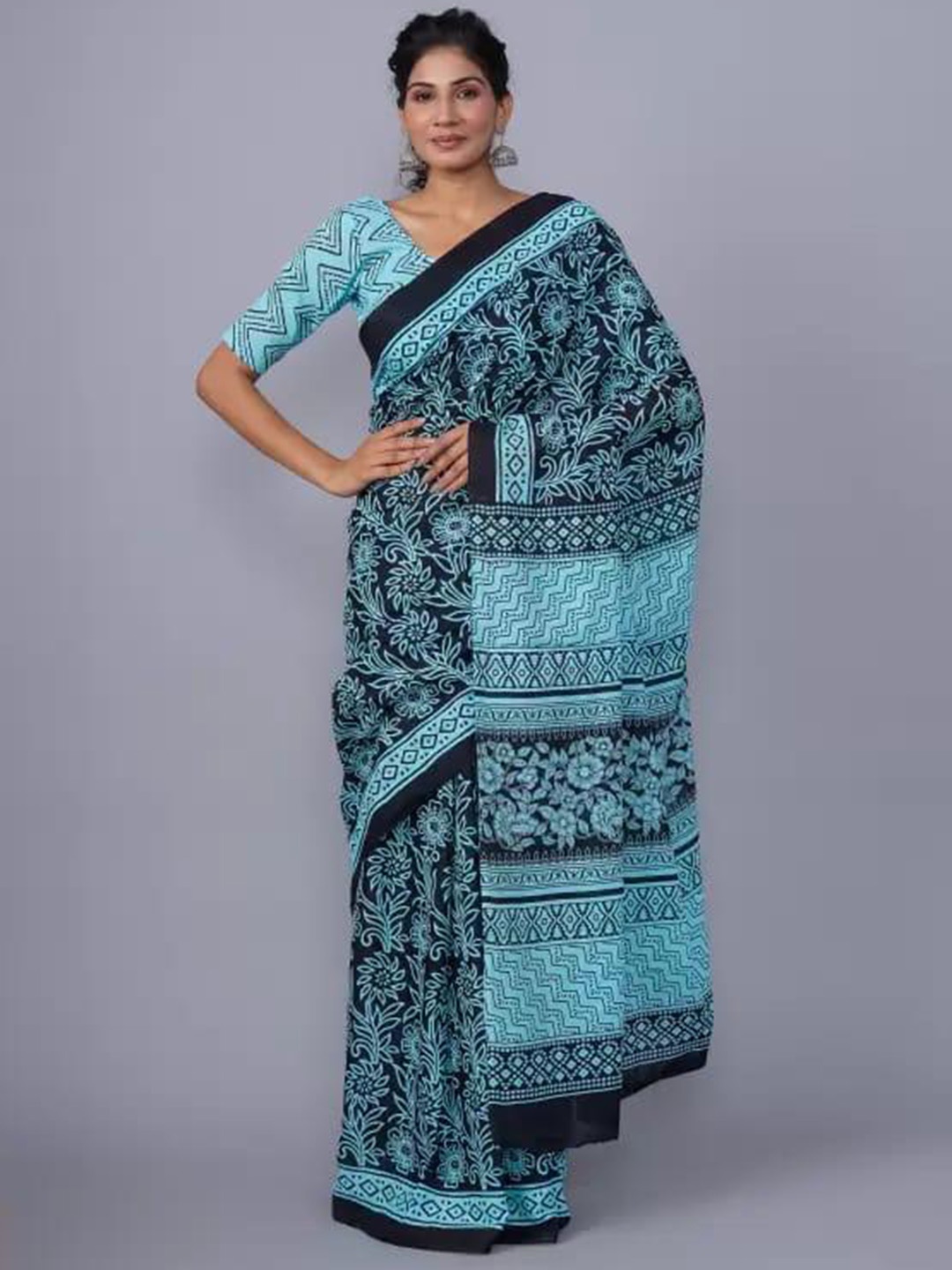 

clothonus Ethnic Motifs Pure Cotton Block Printed Saree, Blue