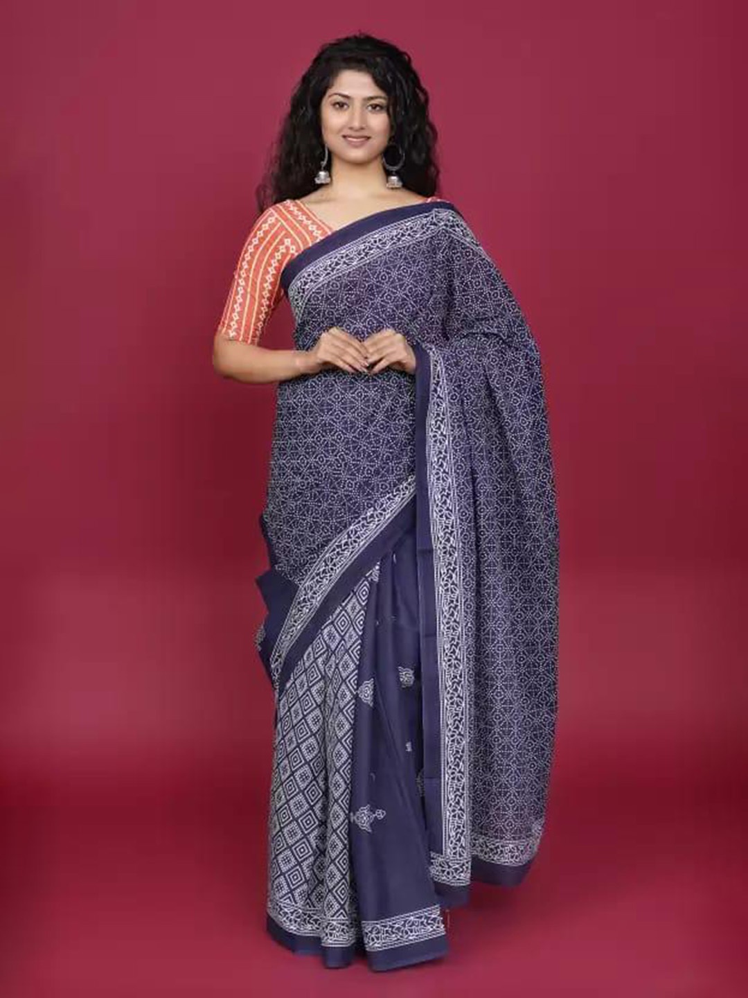 

clothonus Ethnic Motifs Printed Pure Cotton Block Print Saree, Blue