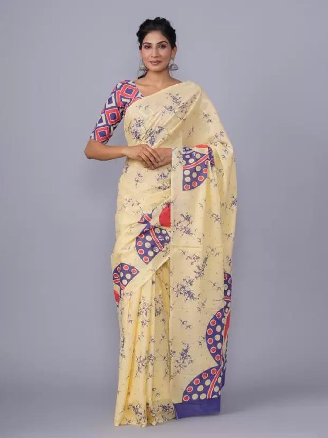 

clothonus Ethnic Motifs Block Printed Saree, Cream