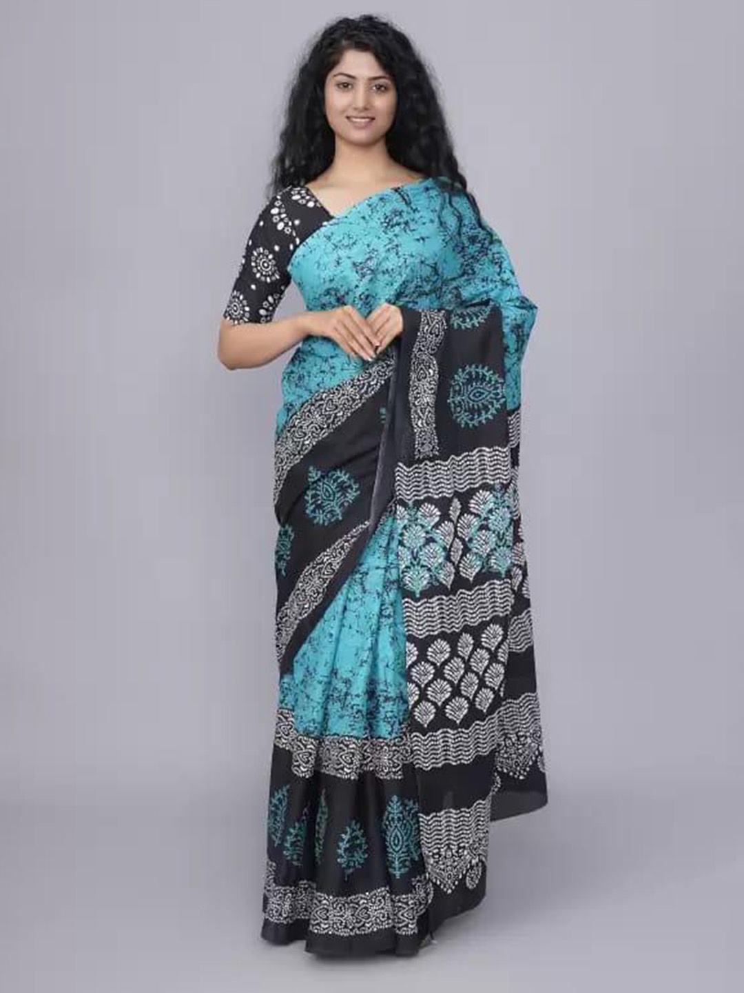 

clothonus Ethnic Motifs Block Printed Saree, Blue