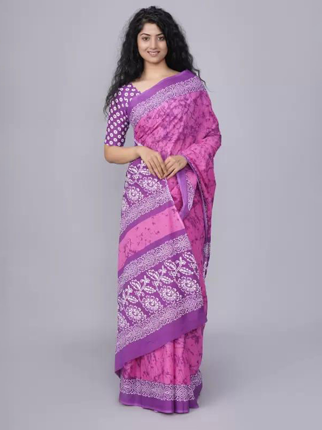 

clothonus Ethnic Motifs Pure Cotton Block Printed Saree, Pink
