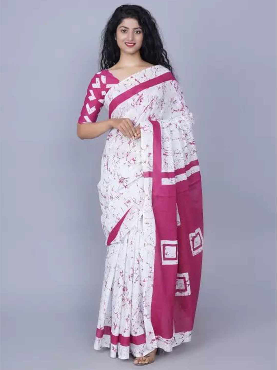 

clothonus Tie and Dye Pure Cotton Block Print Saree, White