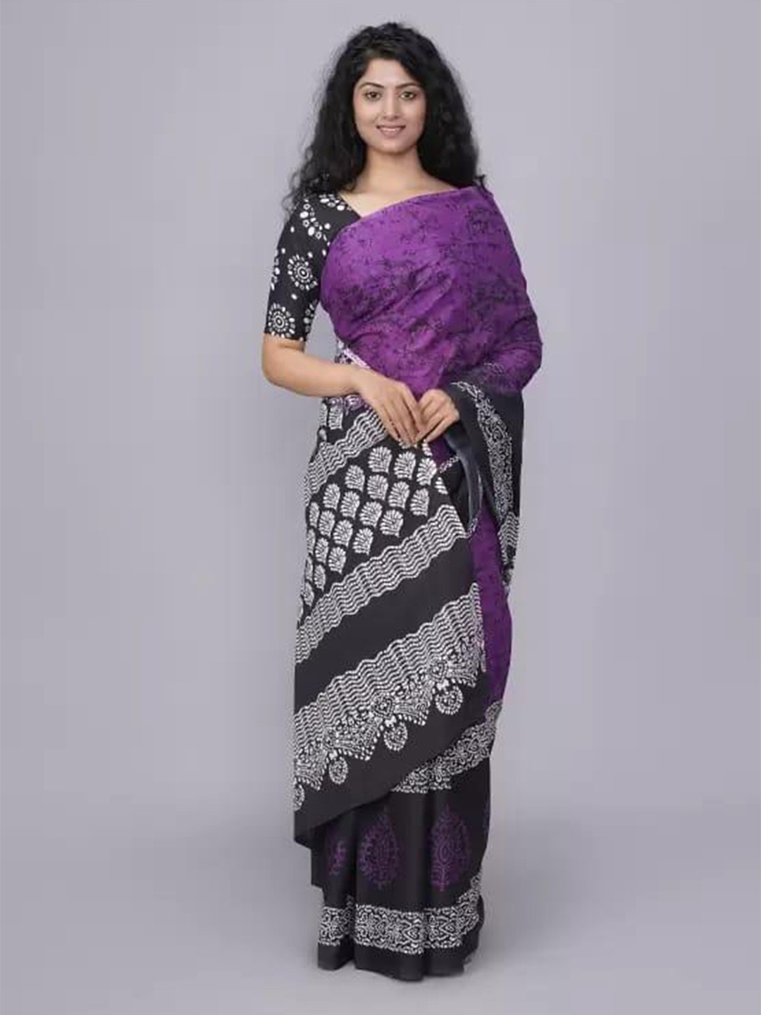 

clothonus Tie and Dye Pure Cotton Block Print Saree, Purple