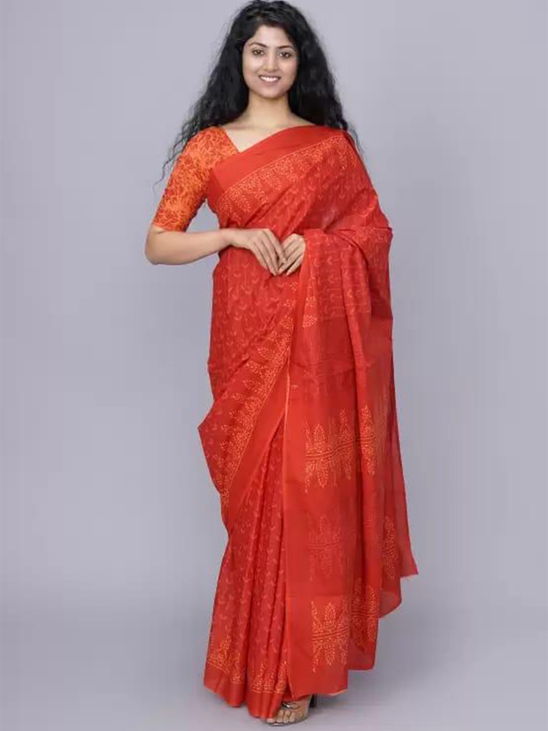 

clothonus Ethnic Motifs Printed Pure Cotton Block Print Saree, Orange