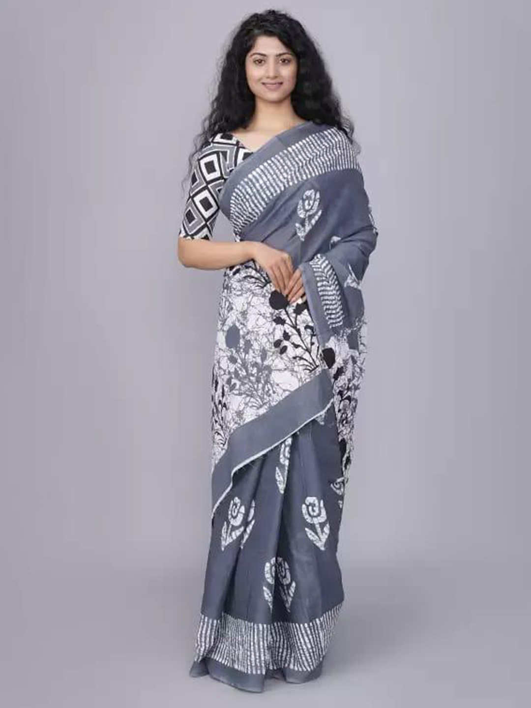 

clothonus Ethnic Motifs Printed Pure Cotton Block Print Saree, Grey