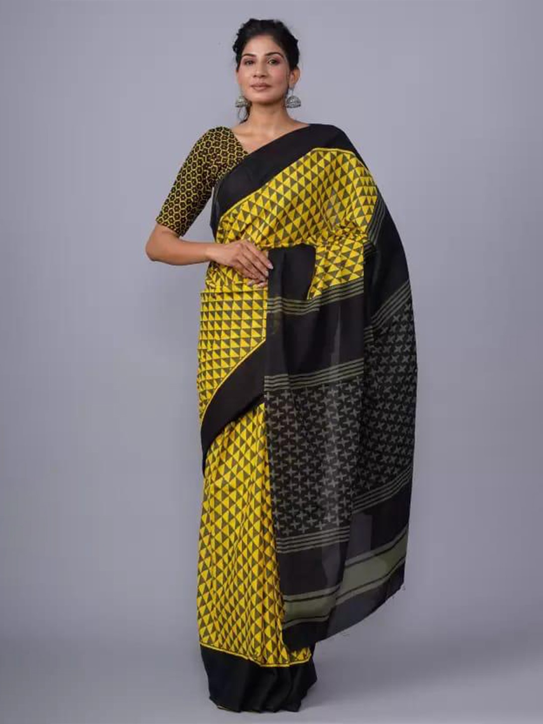 

clothonus Ethnic Motifs Printed Cotton Linen Block Print Saree, Yellow