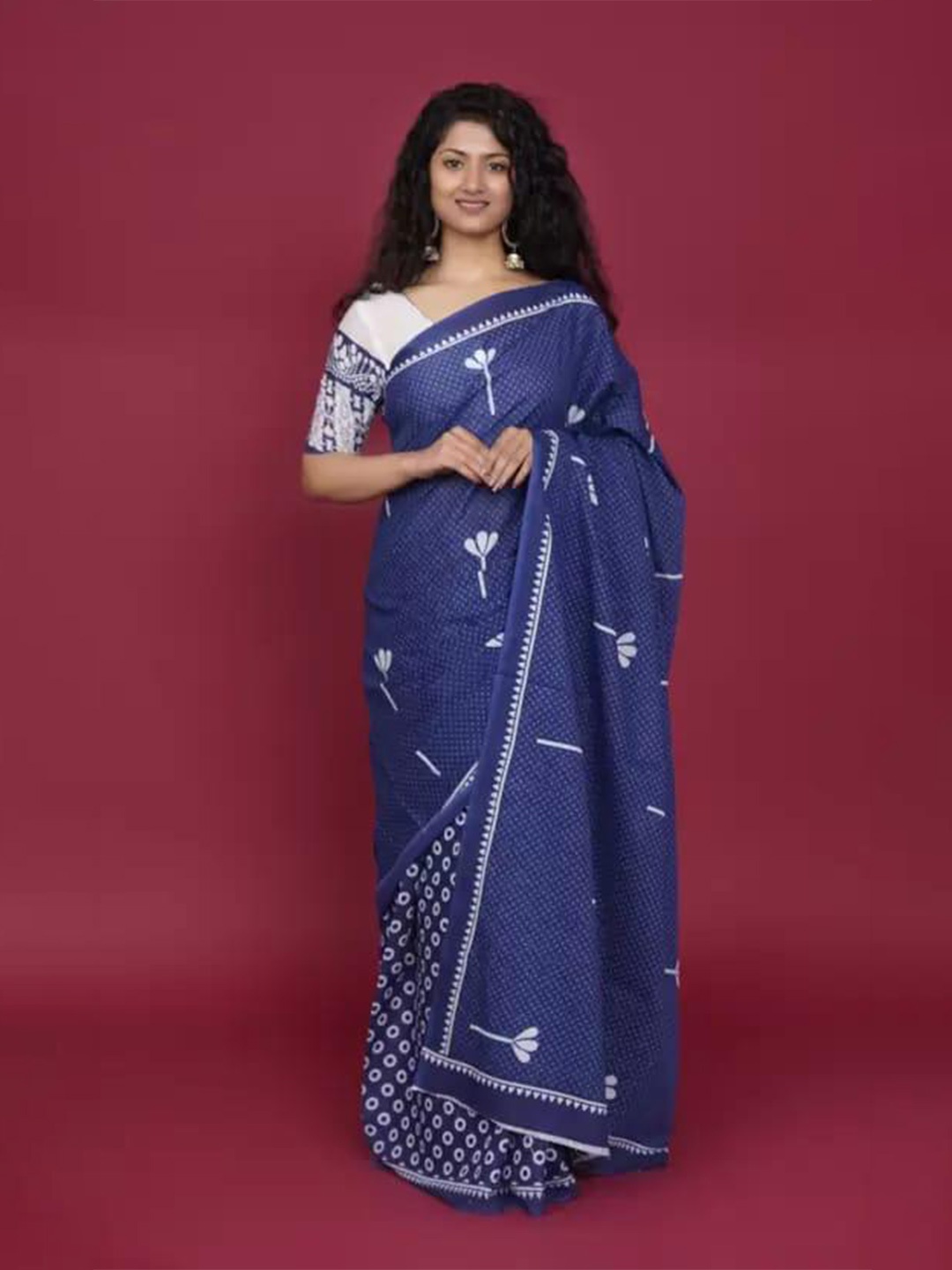 

clothonus Ethnic Motifs Printed Cotton Linen Block Print Saree, Navy blue