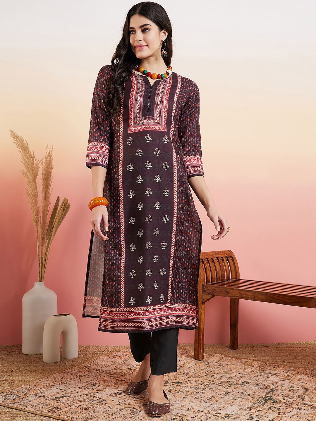 

MASSTANI BY INDDUS Ethnic Motifs Printed Regular Pure Cotton Kurta With Trouser, Black