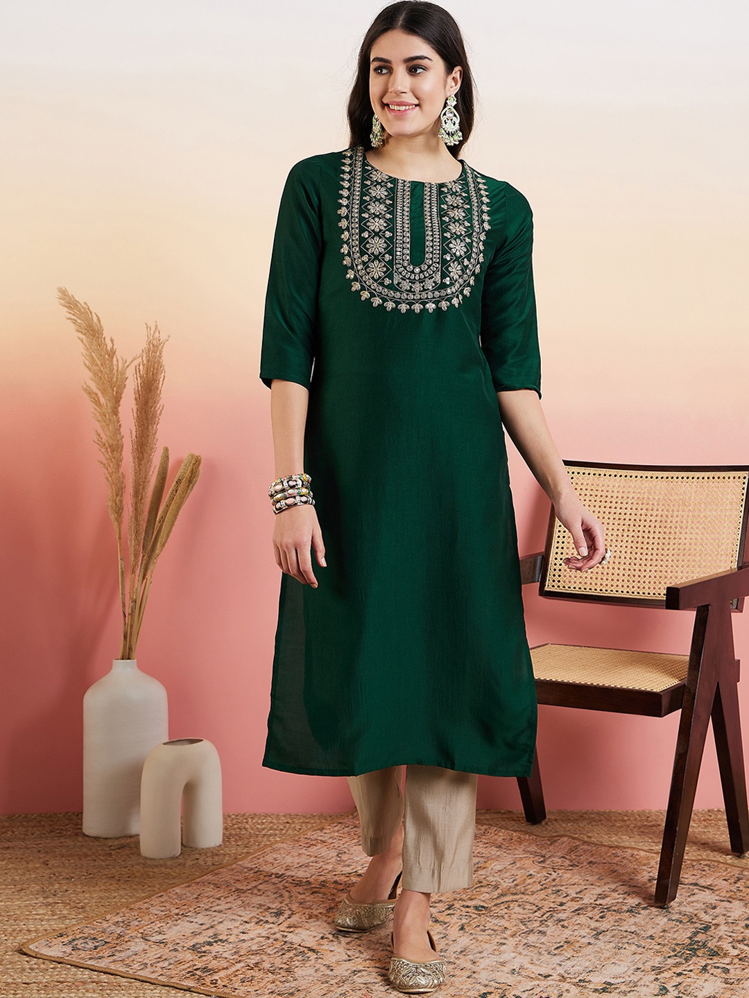 

MASSTANI BY INDDUS Cotton Zari Embroidered Yoke Design Kurta, Green