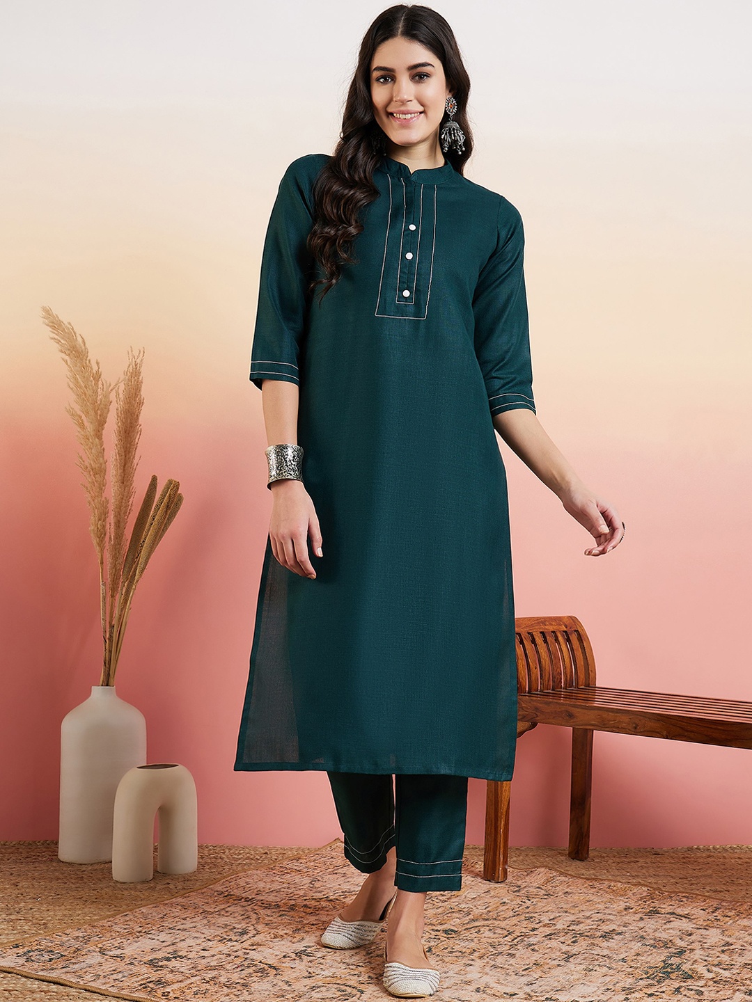 

MASSTANI BY INDDUS Thread Work Regular Kurta With Trousers, Green