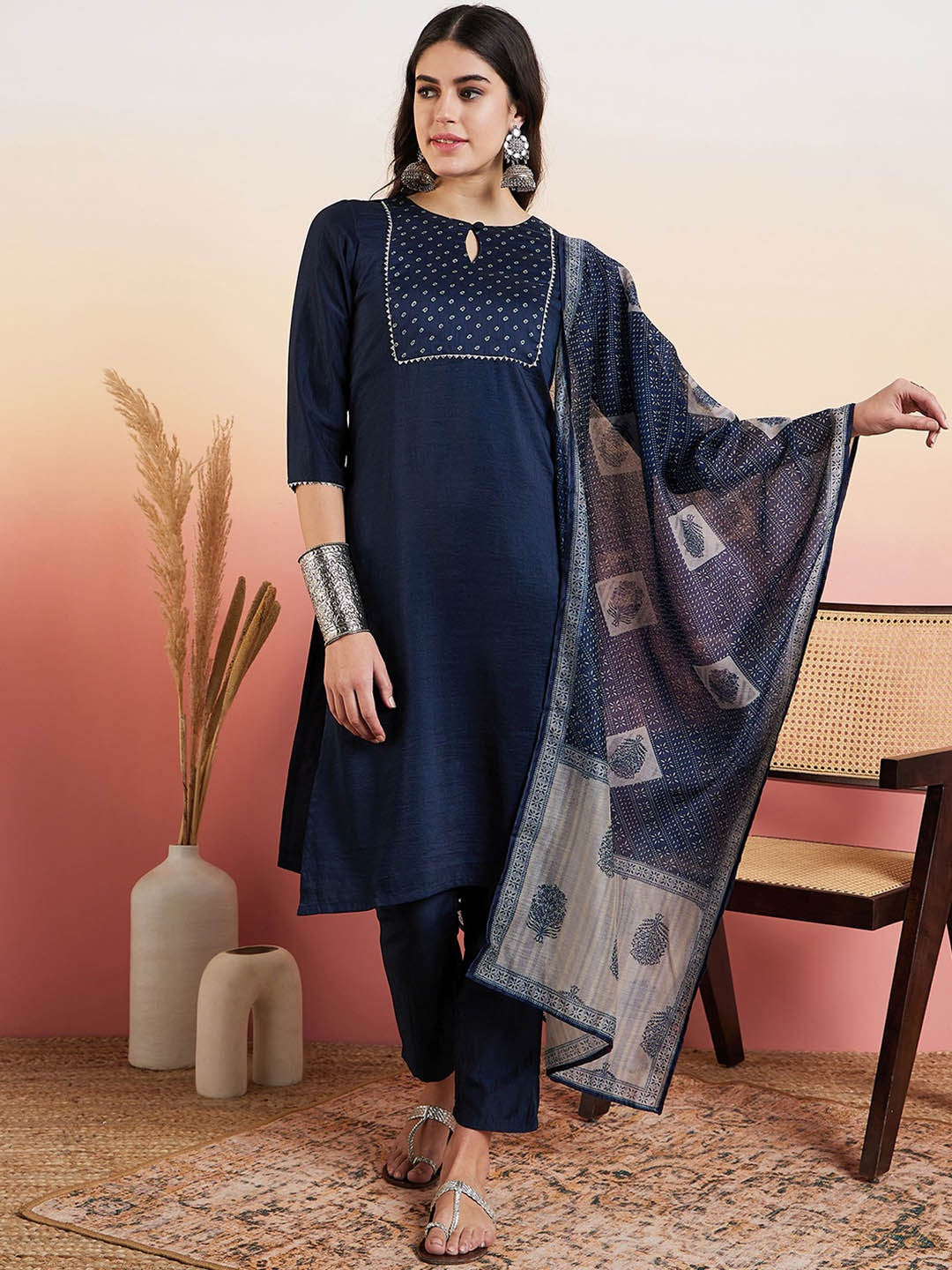 

MASSTANI BY INDDUS Geometric Yoke Design Regular Gotta Patti Kurta With Trousers & Dupatta, Navy blue