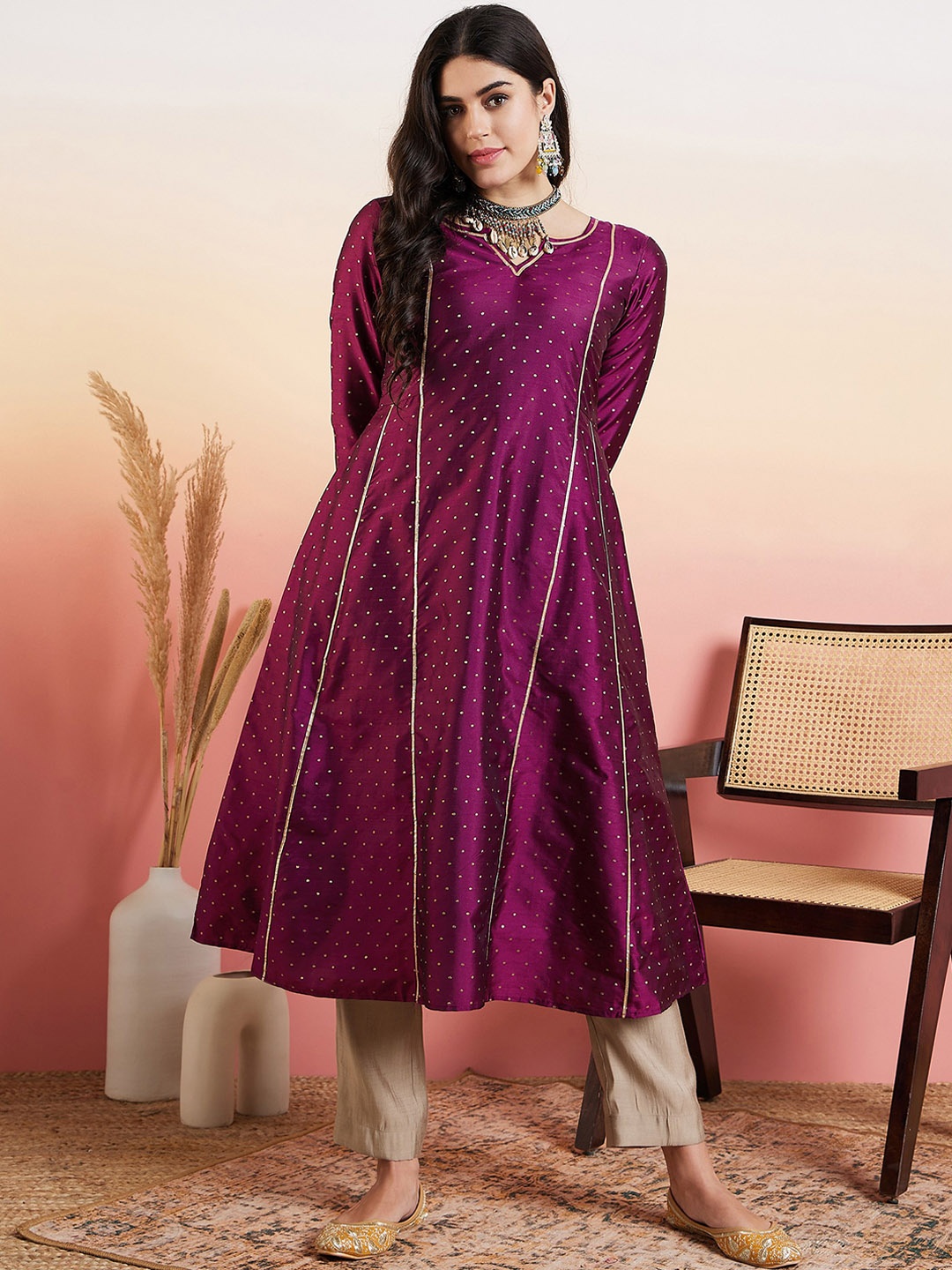 

MASSTANI BY INDDUS Ethnic Woven Design Anarkali Lace up Polka Dots Kurta, Mauve
