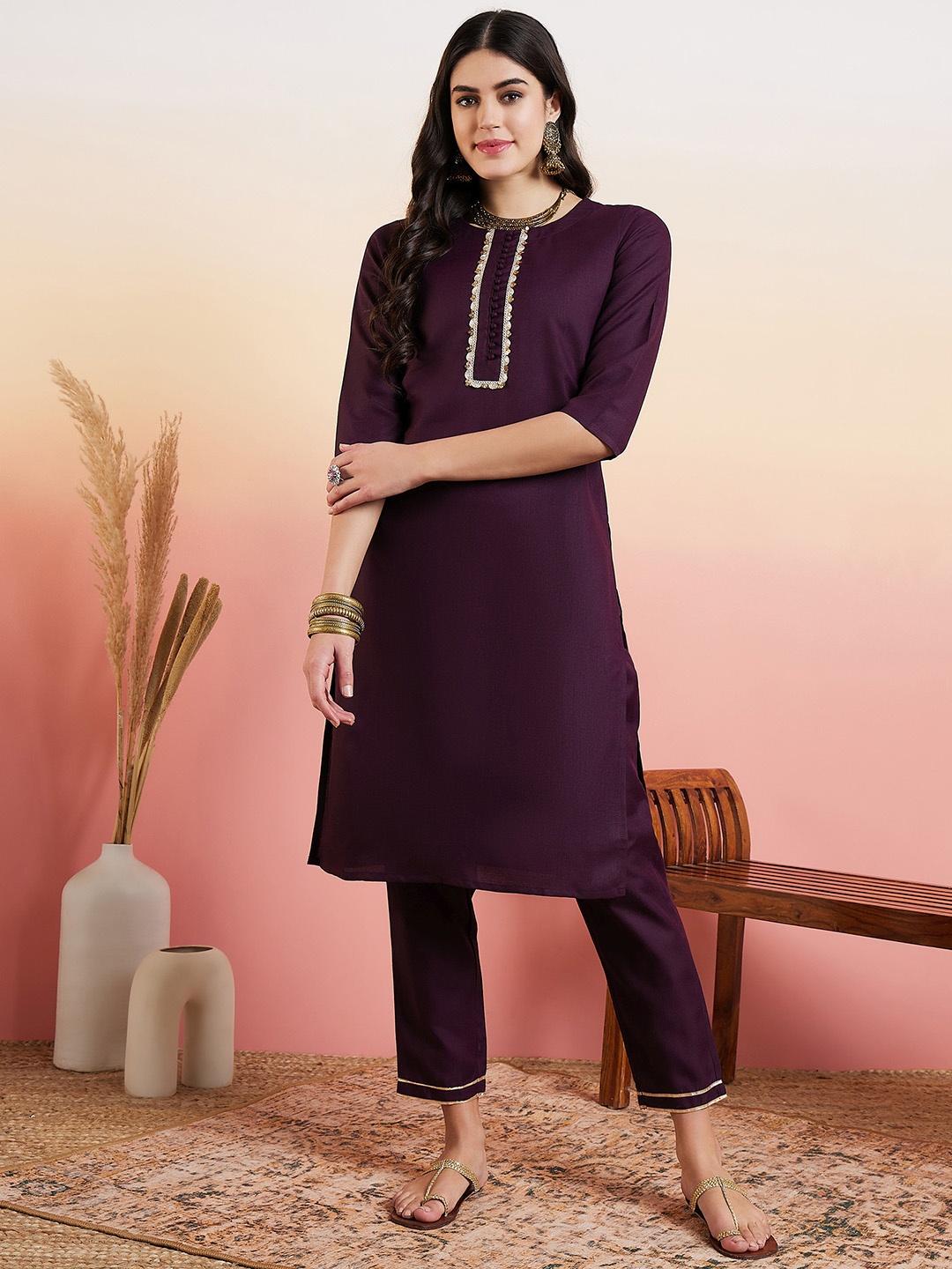 

MASSTANI BY INDDUS Ethnic Motifs Yoke Design Regular Gotta Patti Kurta With Trousers, Purple