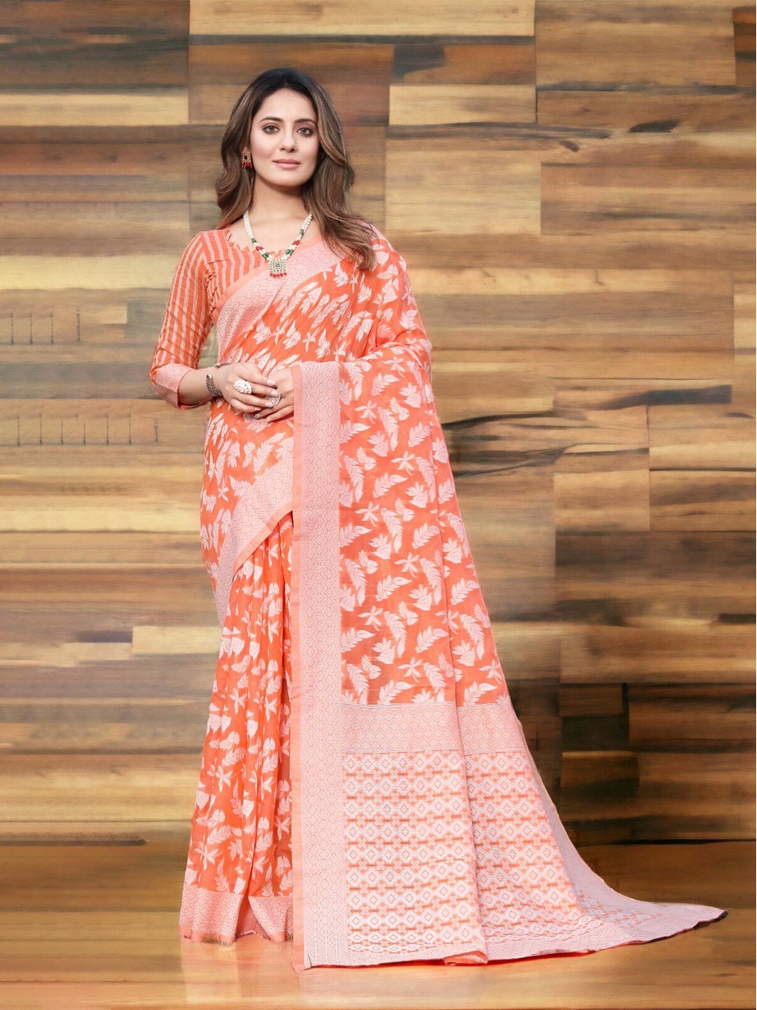 

MORLY Floral Woven Design Zari Kanjeevaram Saree, Orange