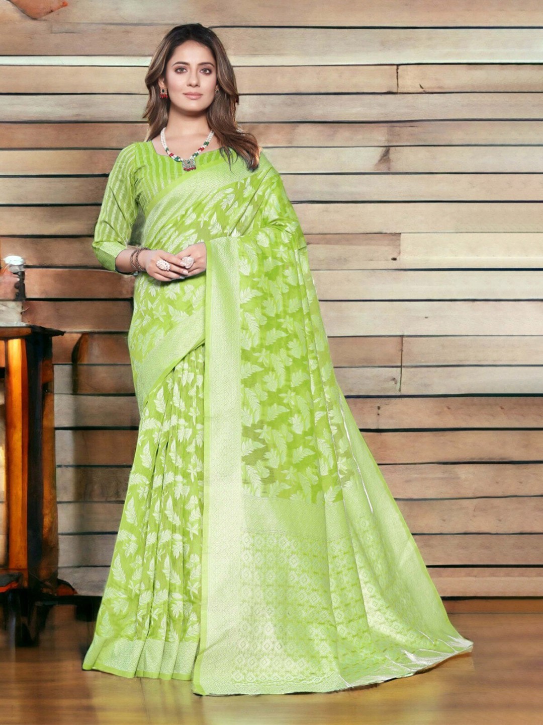 

MORLY Floral Woven Design Zari Kanjeevaram Saree, Lime green