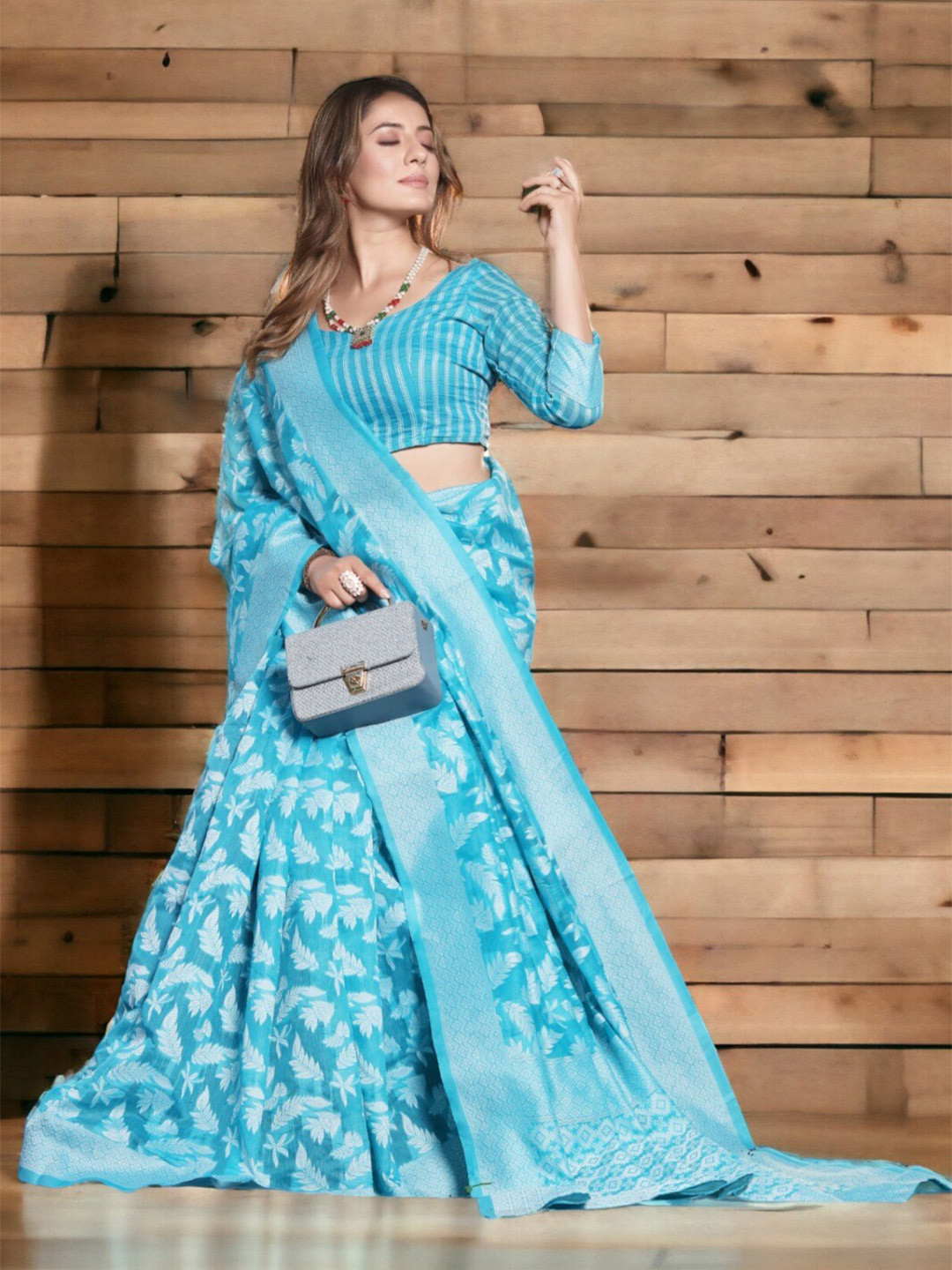 

MORLY Floral Woven Design Zari Kanjeevaram Saree, Turquoise blue
