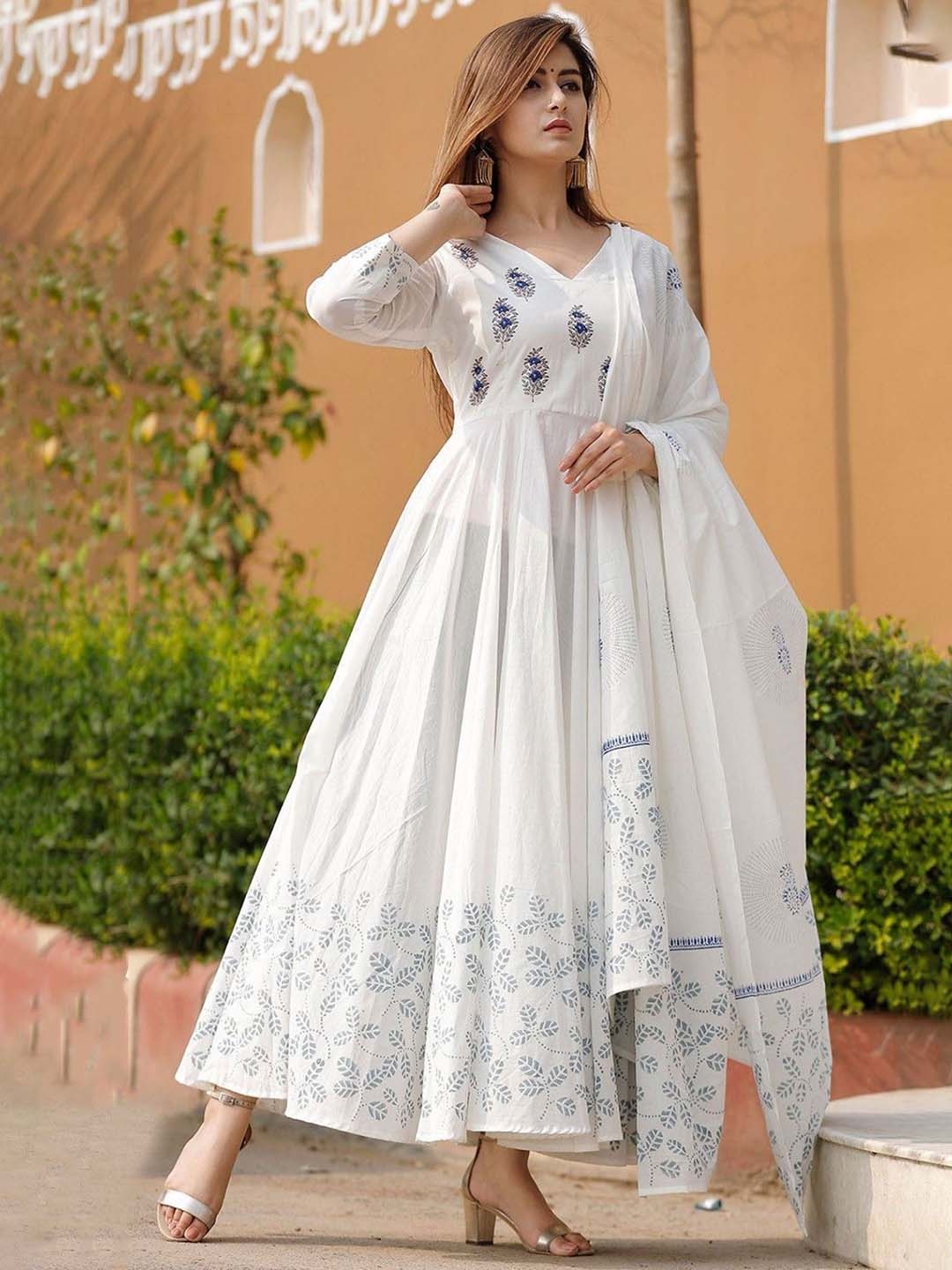 

KALINI Floral Printed Pleated Anarkali Kurta With Dupatta, White
