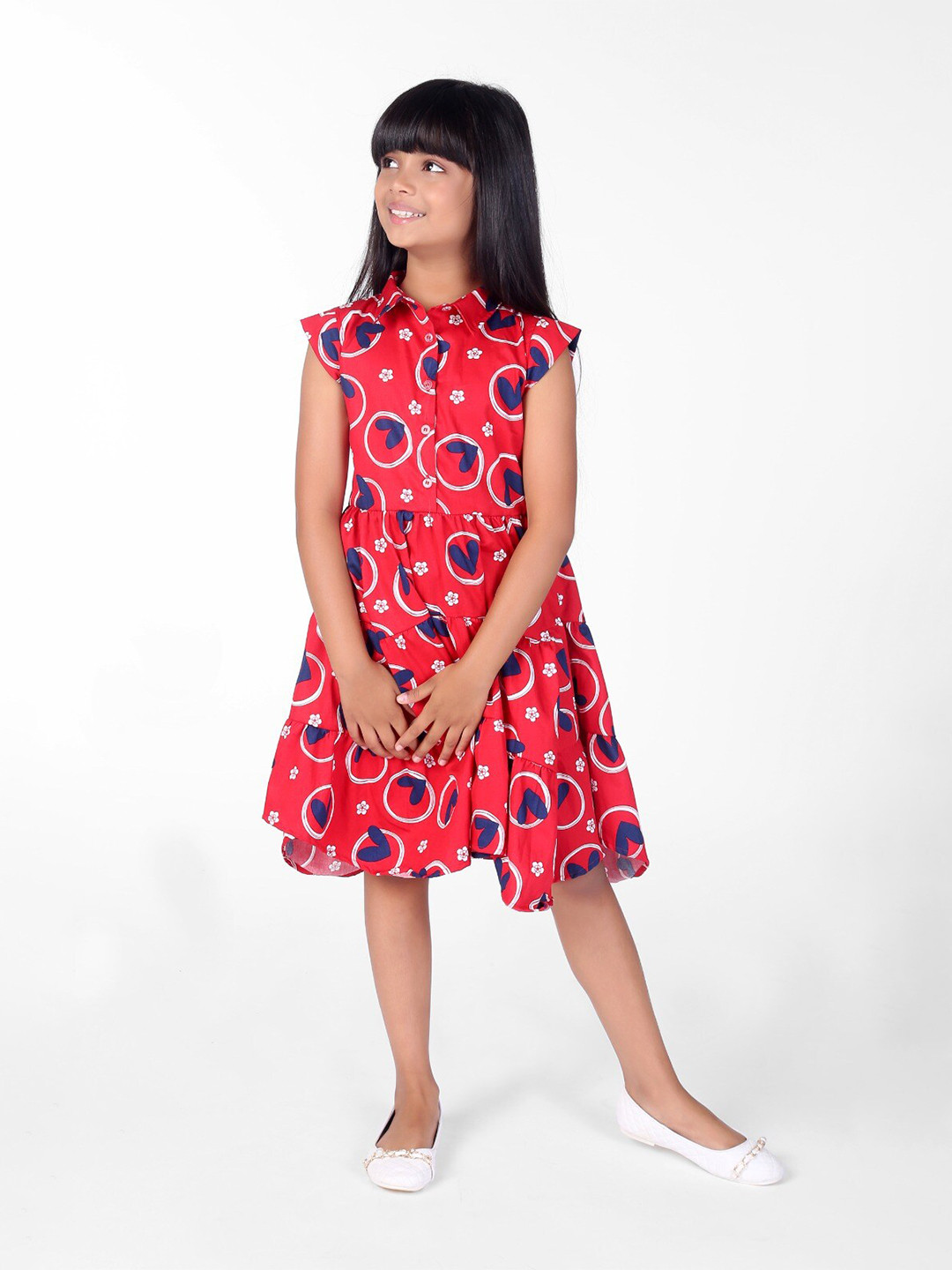 

ZIP ZAP ZOOP Girls Conversational Printed Shirt Collar Cap Sleeves Fit & Flare Dress, Red