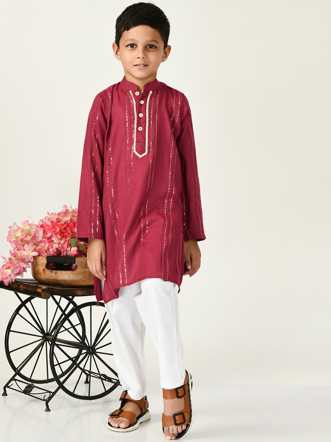 

BAESD Boys Striped Mandarin Collar Straight Kurta with Trousers, Magenta