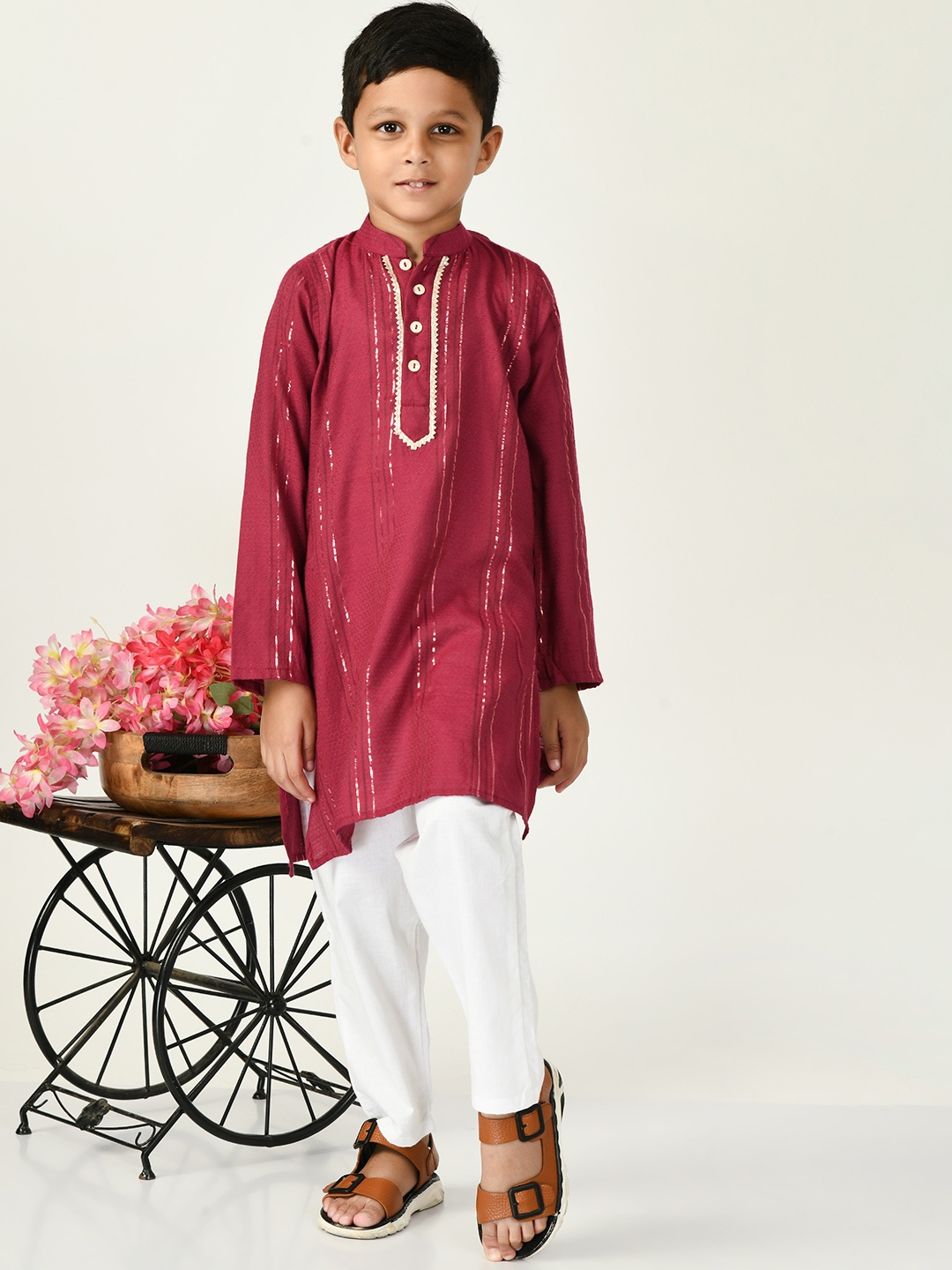 

BAESD Boys Striped Mandarin Collar Straight Kurta with Trousers, Magenta
