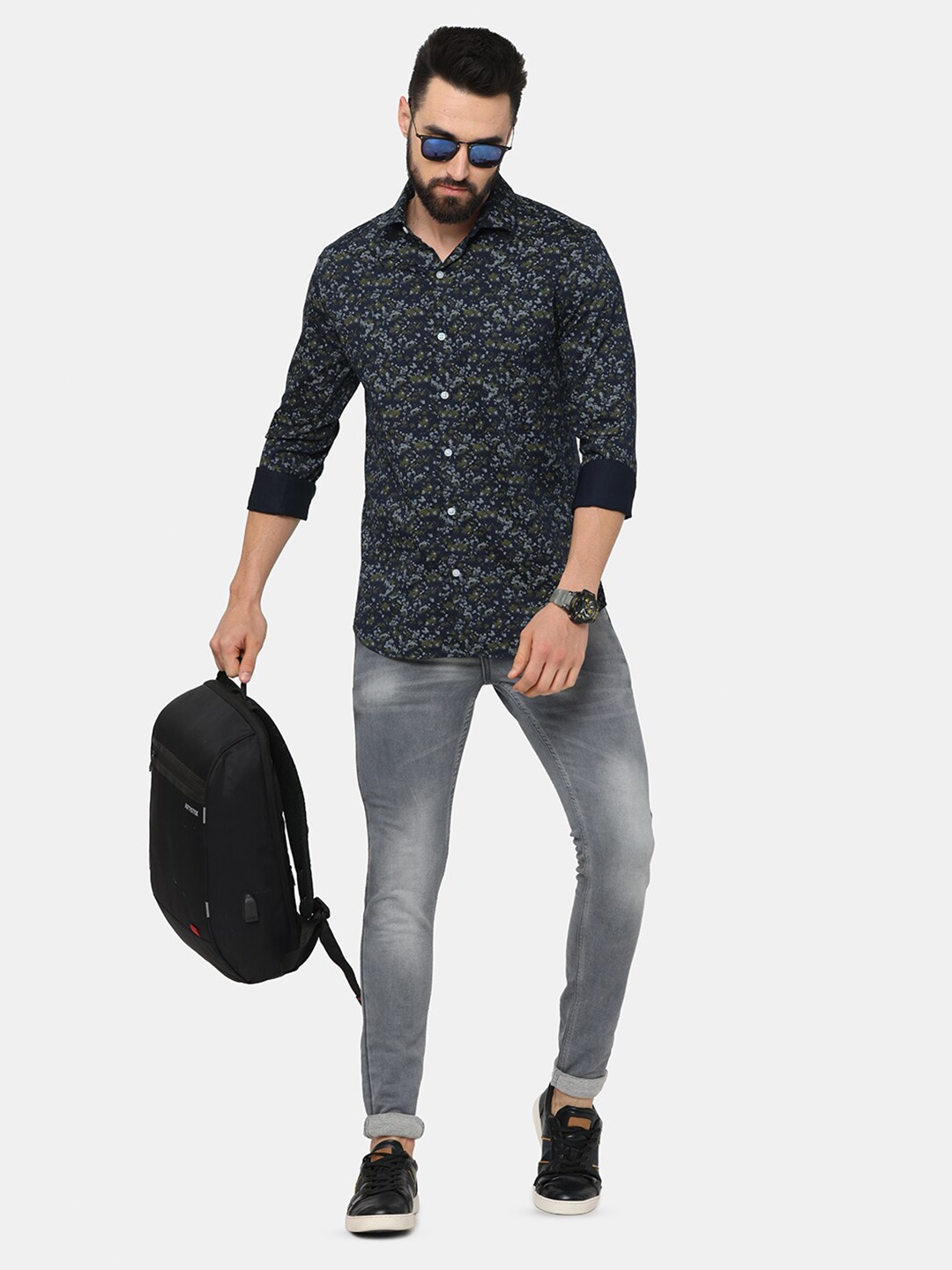 

FLY 69 Premium Spread Collar Long Sleeves Slim Fit Printed Casual Cotton Shirt, Navy blue