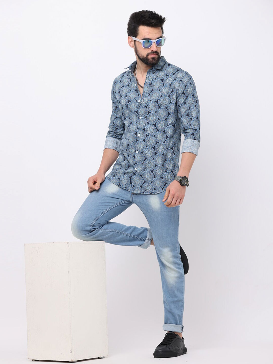 

FLY 69 Premium Slim Fit Floral Printed Pure Cotton Casual Shirt, Navy blue