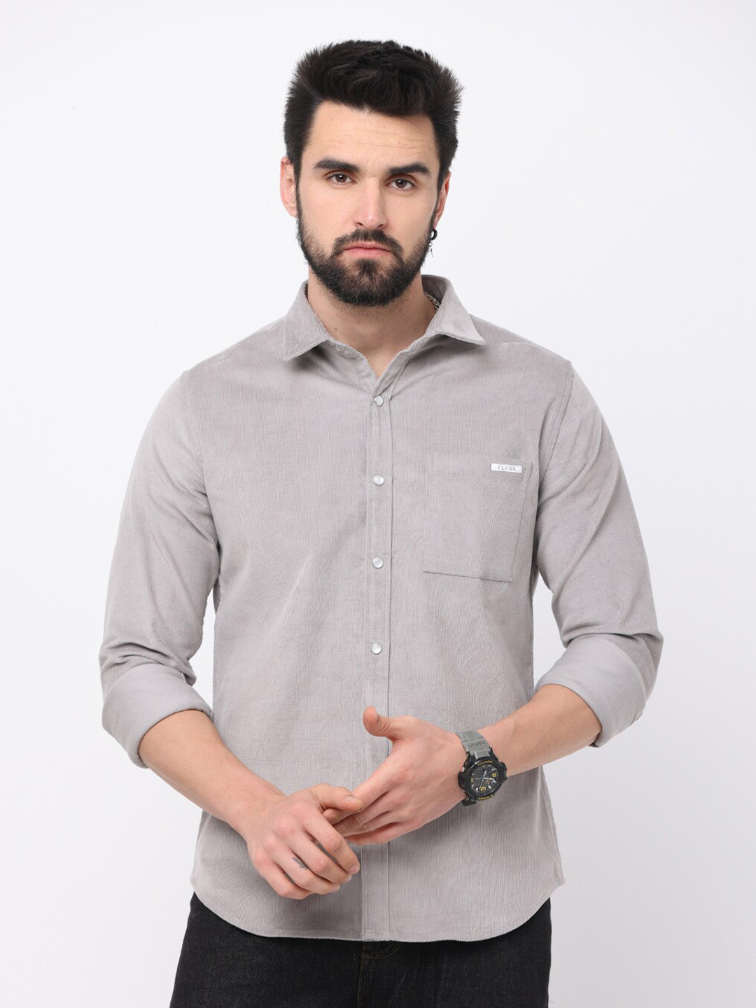 

FLY 69 Premium Slim Fit Corduroy Casual Shirt, Grey