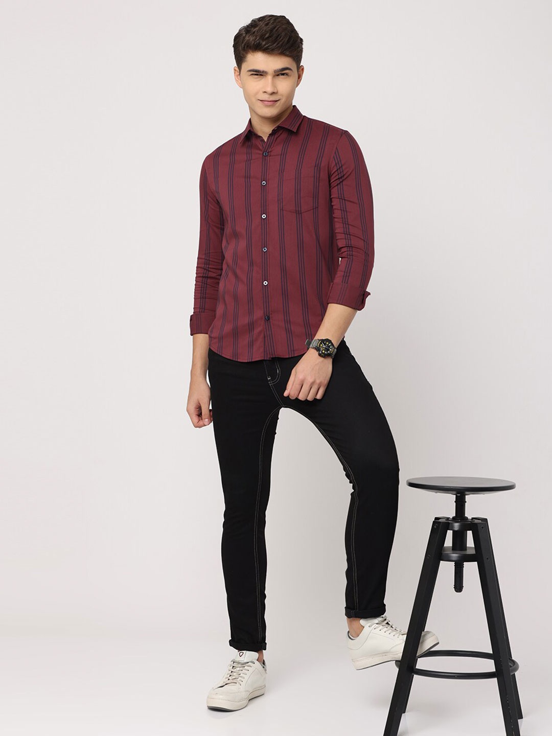 

FLY 69 Premium Slim Fit Vertical Striped Pure Cotton Casual Shirt, Maroon