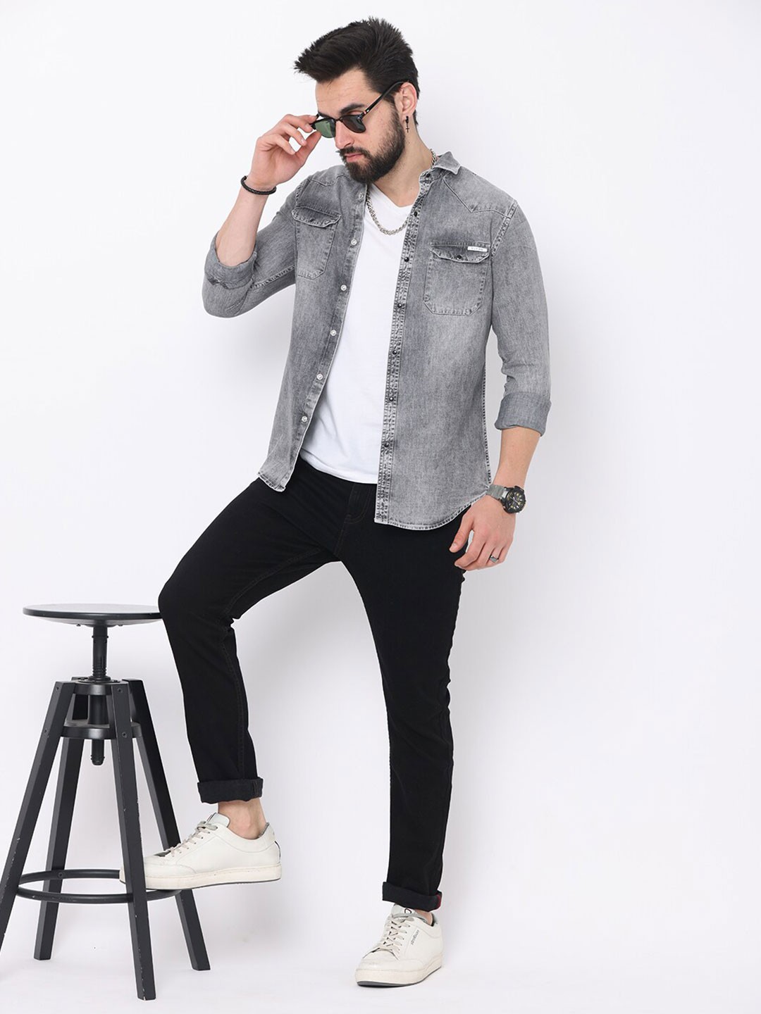 

FLY 69 Premium Slim Fit Faded Pure Denim Casual Shirt, Grey