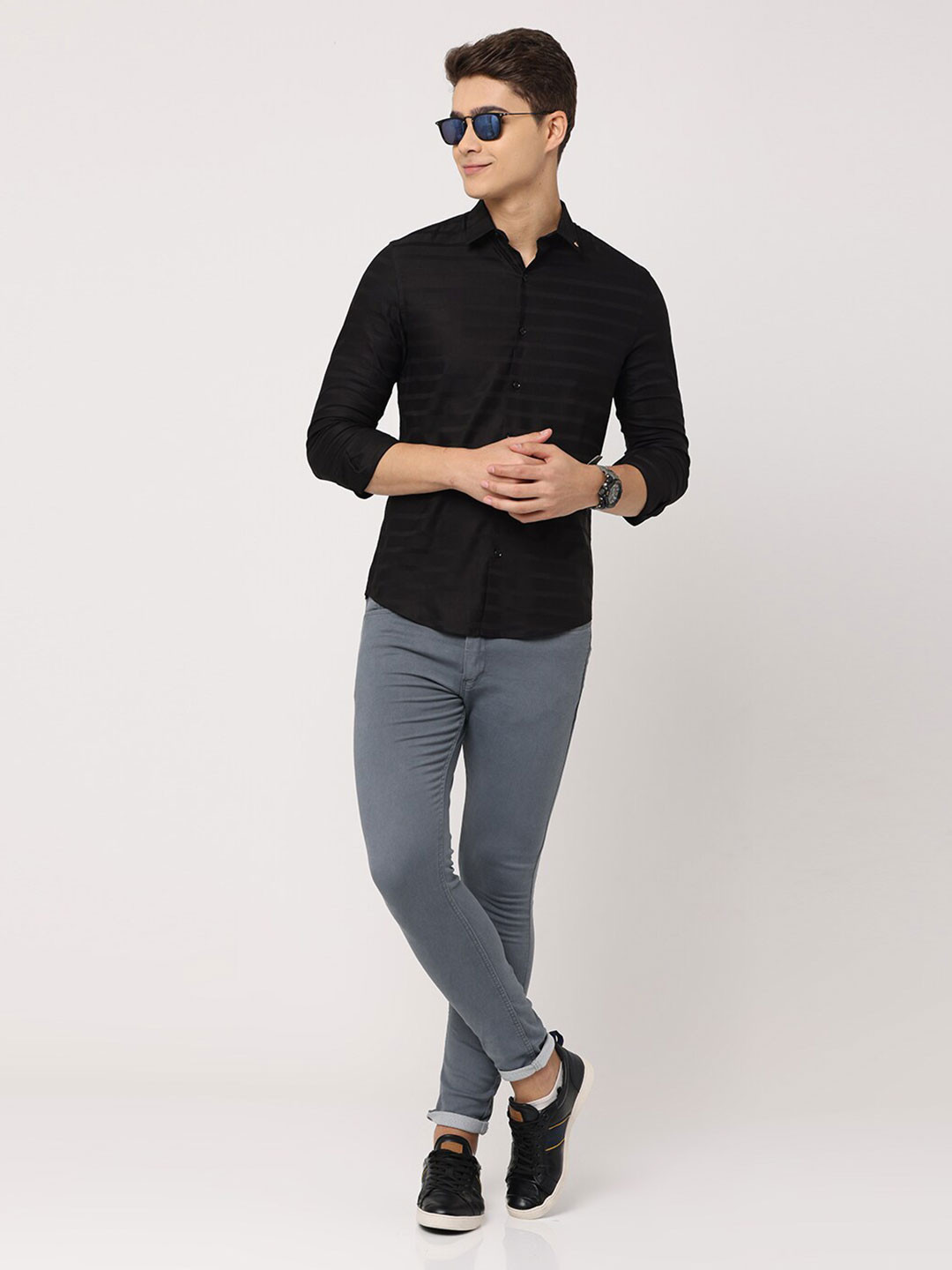 

FLY 69 Premium Slim Fit Horizontal Striped Pure Cotton Casual Shirt, Black