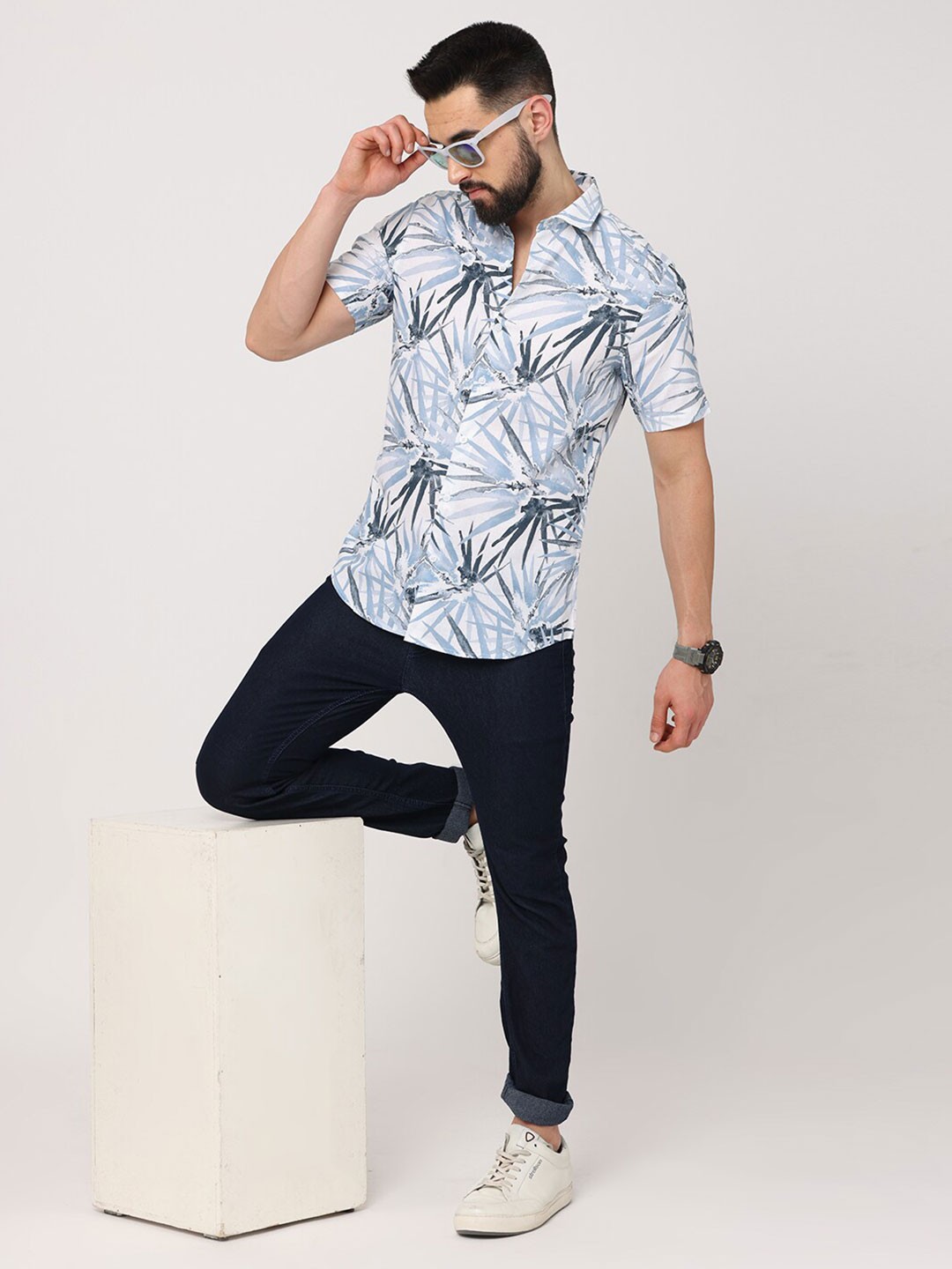 

FLY 69 Premium Slim Fit Geometric Printed Pure Cotton Casual Shirt, White