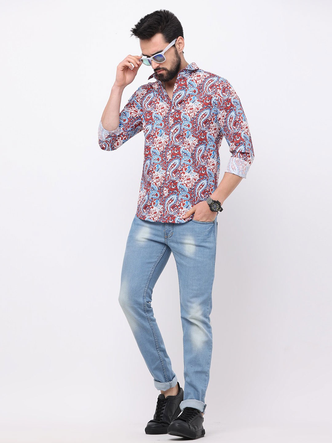 

FLY 69 Men Premium Slim Fit Ethnic Motifs Printed Pure Cotton Casual Shirt, Rust