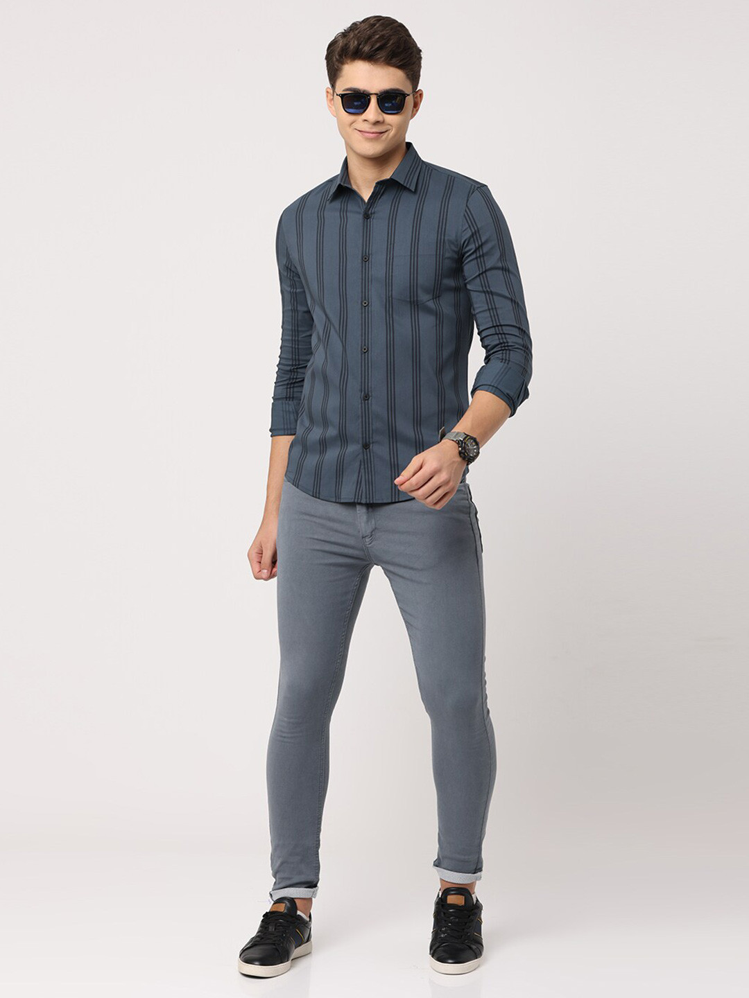 

FLY 69 Premium Slim Fit Vertical Striped Pure Cotton Casual Shirt, Grey