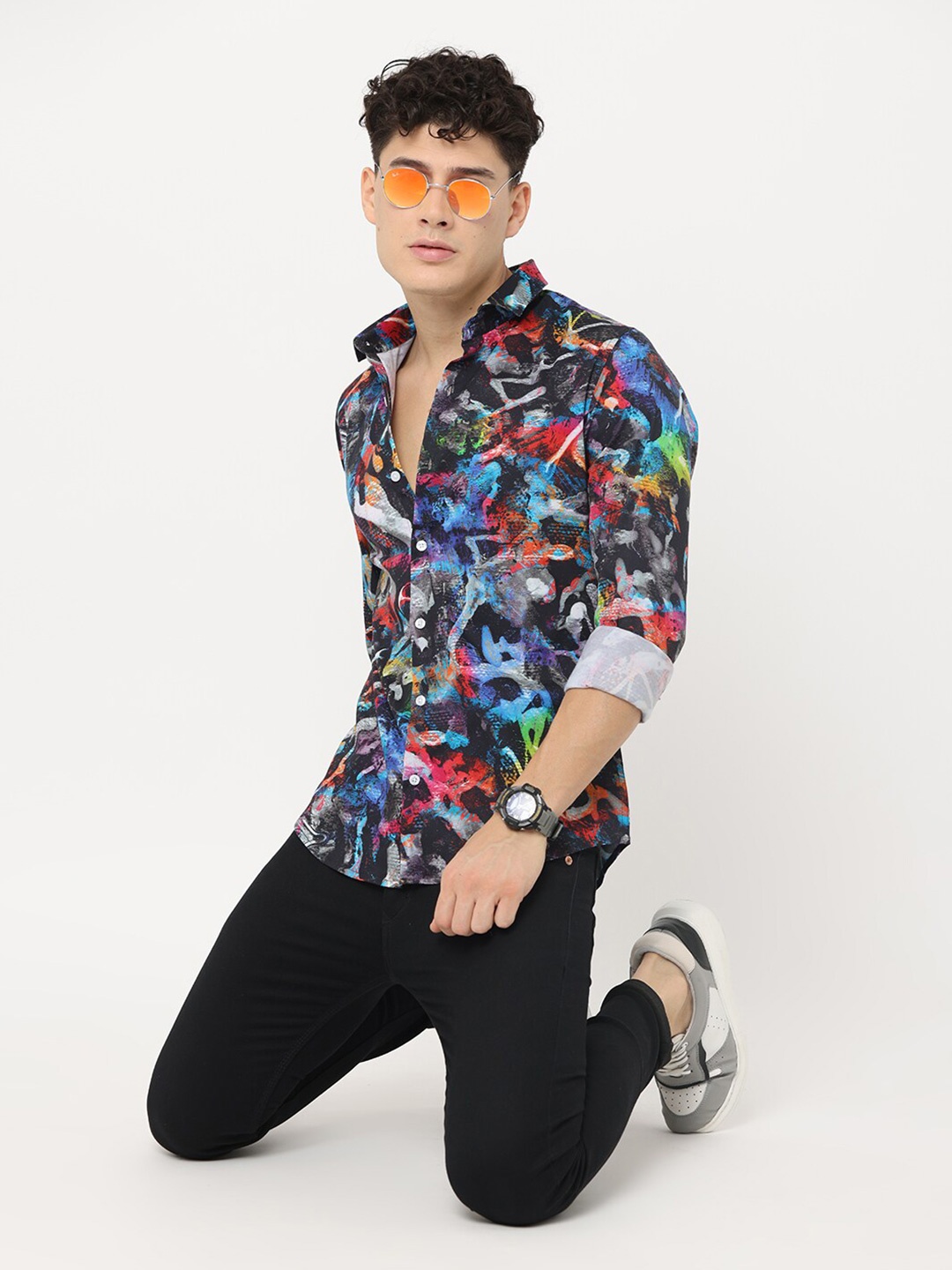 

FLY 69 Premium Slim Fit Floral Opaque Printed Pure Cotton Casual Shirt, Blue