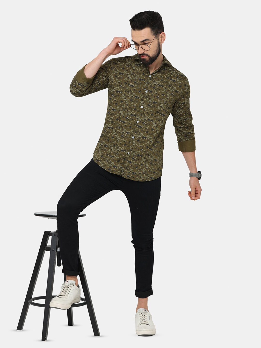

FLY 69 Spread Collar Long Sleeves Premium Slim Fit Opaque Printed Casual Shirt, Green