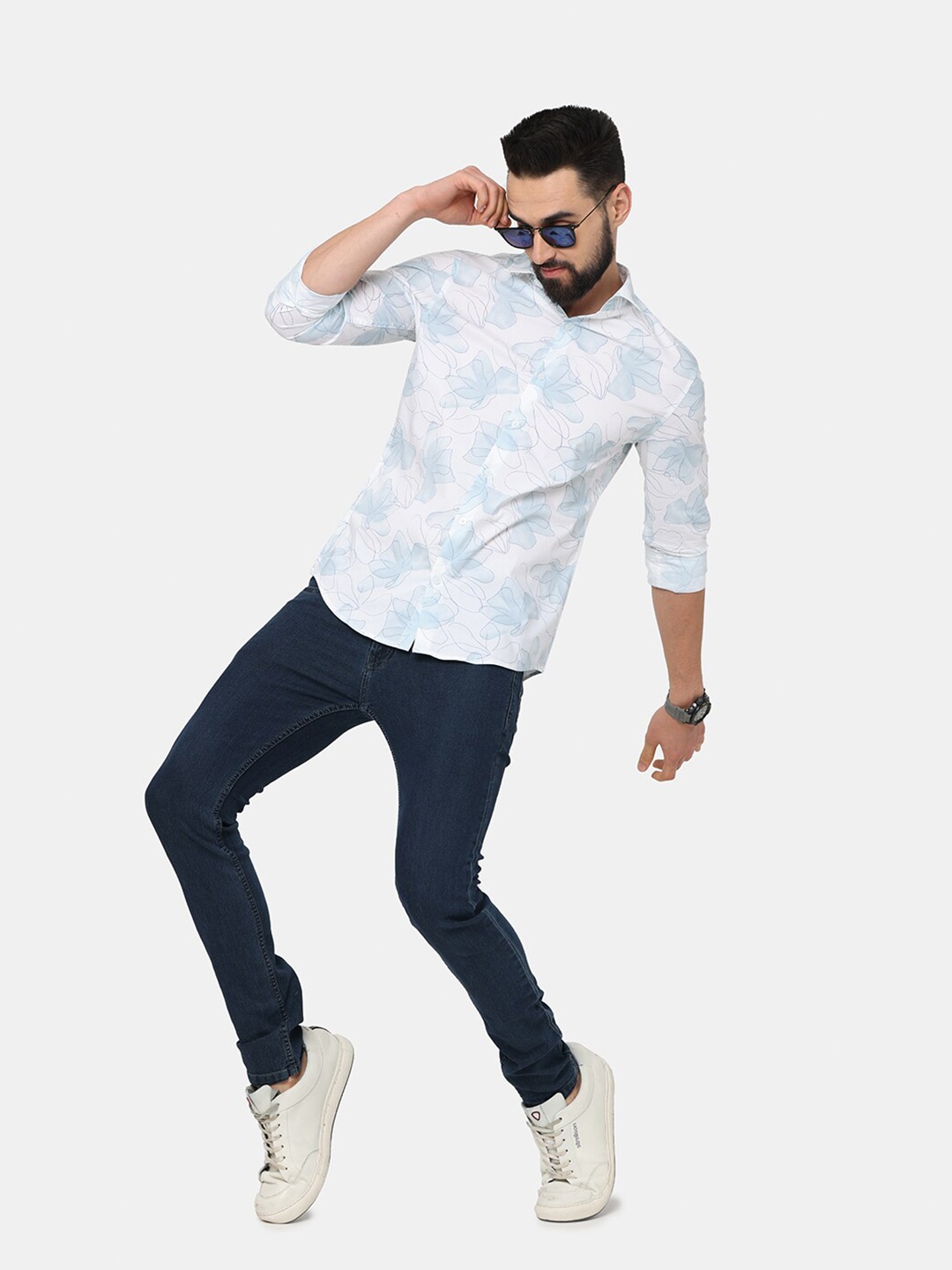 

FLY 69 Premium spread collar Long Sleeves Slim Fit Floral Printed Casual Cotton Shirt, Blue