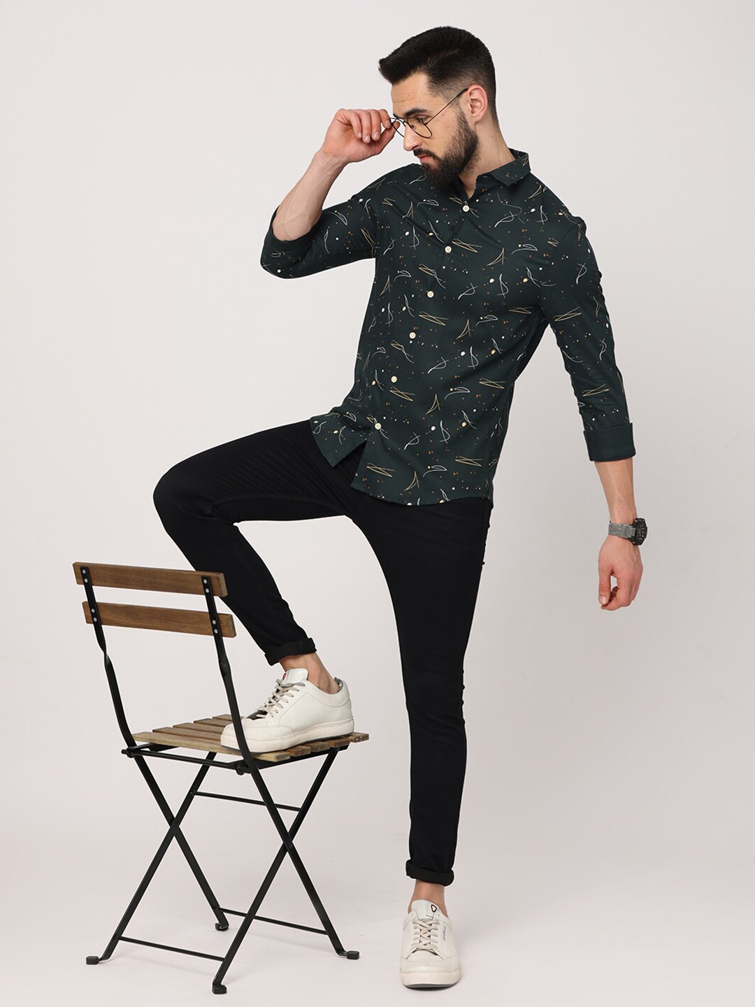 

FLY 69 Spread Collar Long Sleeves Premium Slim Fit Opaque Printed Casual Shirt, Green