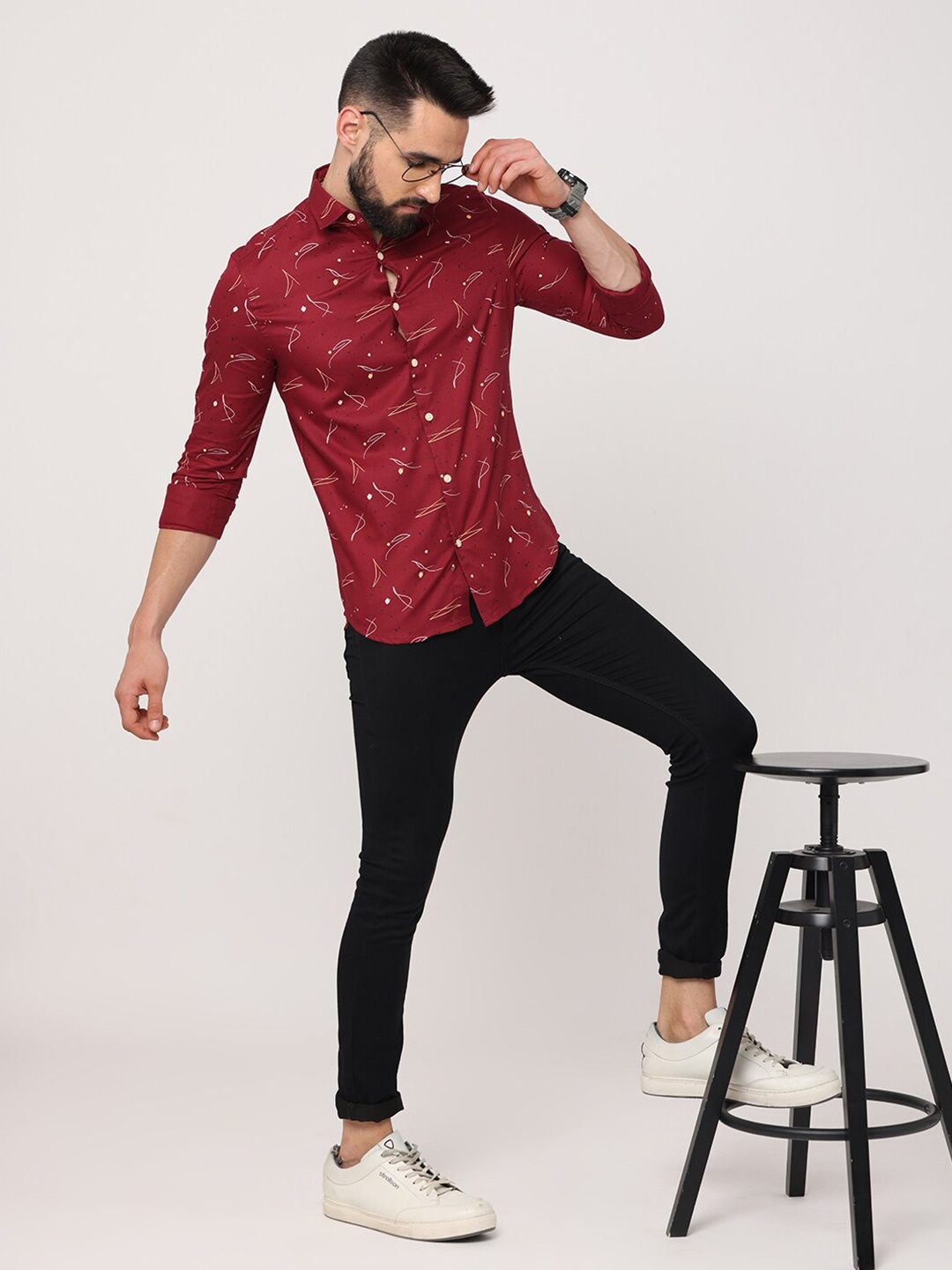 

FLY 69 Premium Slim Fit Cotton Printed Casual Shirt, Red