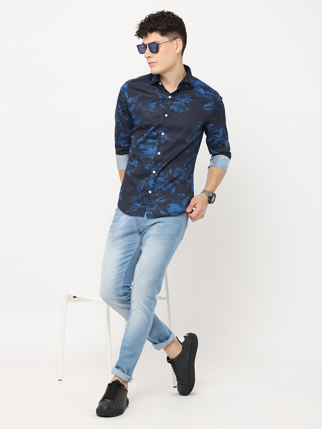 

FLY 69 Spread Collar Long Sleeves Premium Slim Fit Opaque Printed Casual Shirt, Navy blue