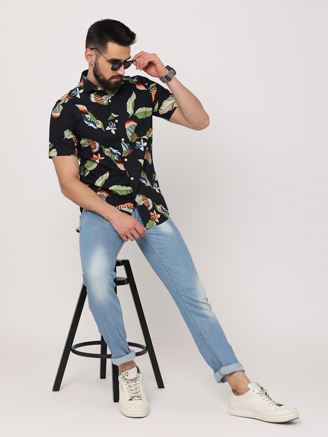 

FLY 69 Spread Collar Long Sleeves Premium Slim Fit Opaque Printed Casual Shirt, Black