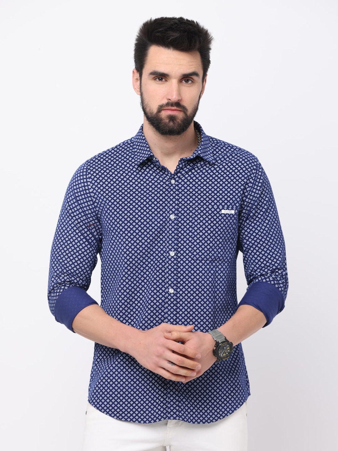 

FLY 69 Men Spread Collar Long Sleeves Premium Slim Fit Opaque Printed Casual Shirt, Blue