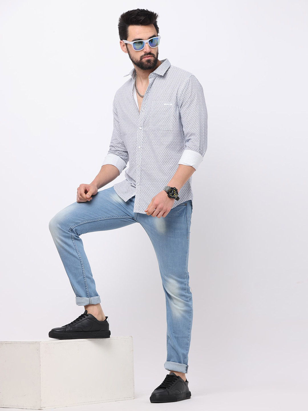 

FLY 69 Spread Collar Long Sleeves Premium Slim Fit Geometric Printed Cotton Casual Shirt, Off white