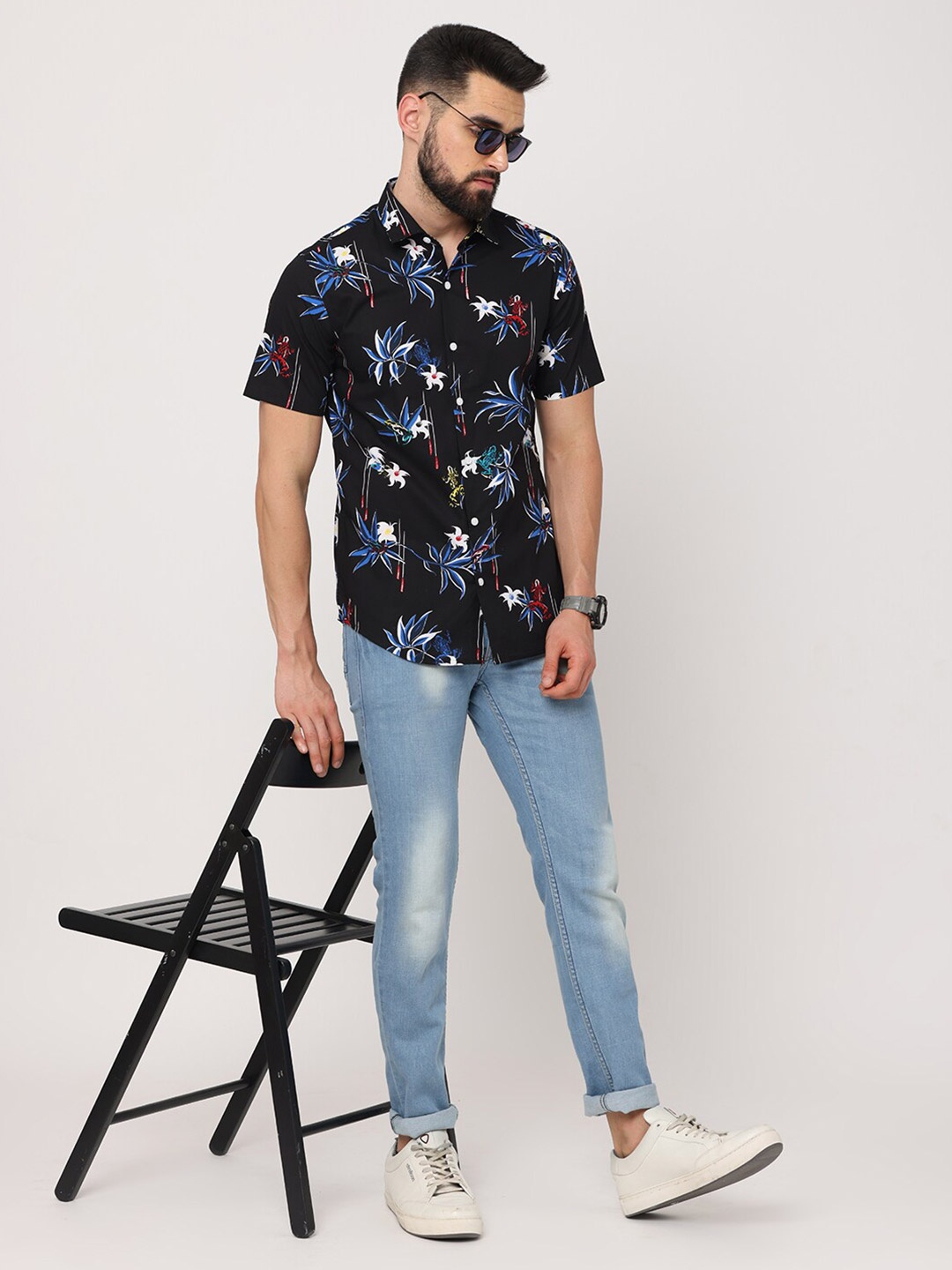 

FLY 69 Spread Collar Long Sleeves Premium Slim Fit Opaque Printed Casual Shirt, Black