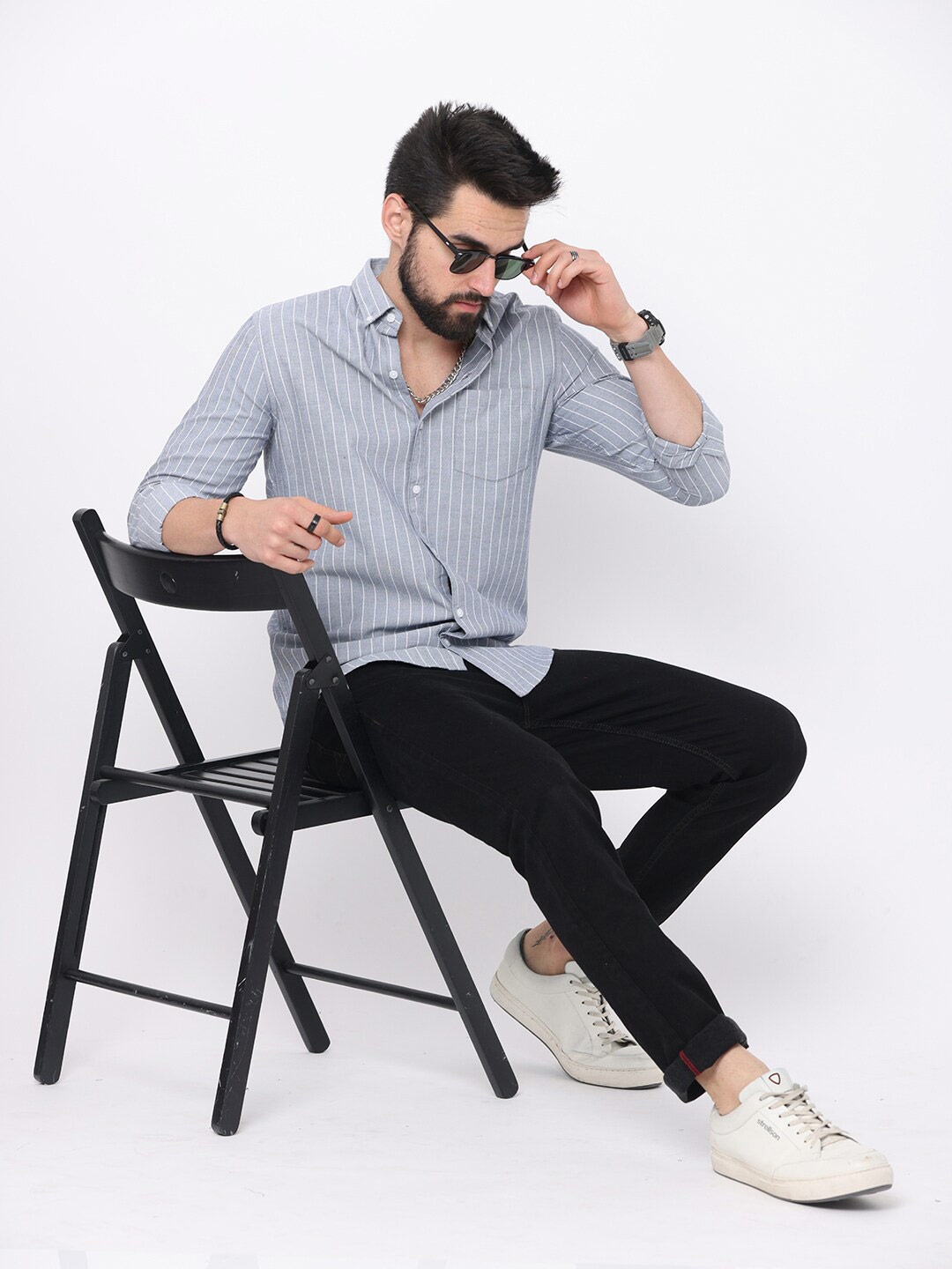 

FLY 69 Spread Collar Long Sleeves Striped Premium Slim Fit Casual Shirt, Grey