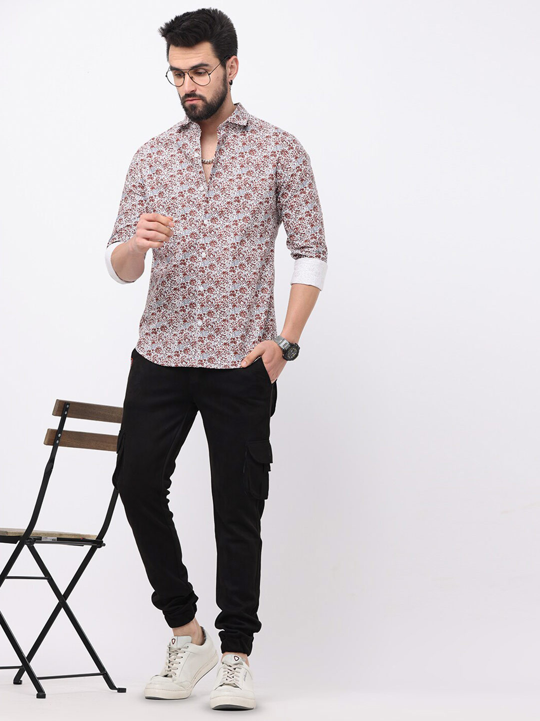 

FLY 69 Premium spread collar Long Sleeves Slim Fit Floral Printed Casual cotton Shirt, Brown