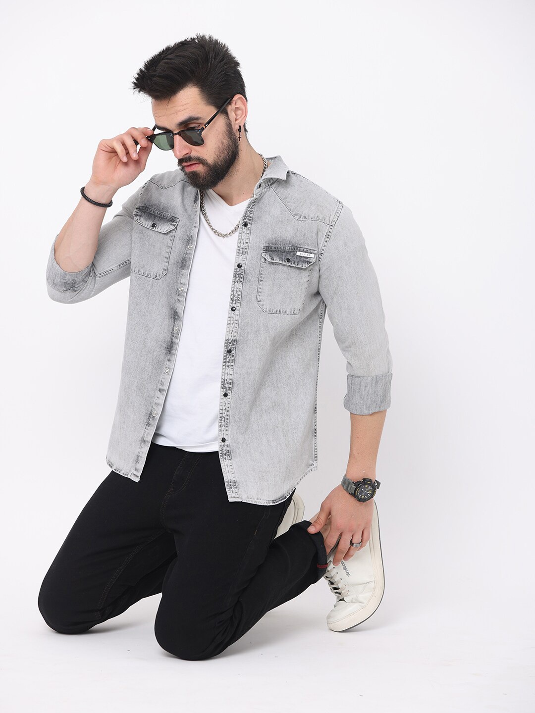 

FLY 69 Premium Slim Fit Faded Denim Casual Shirt, Grey